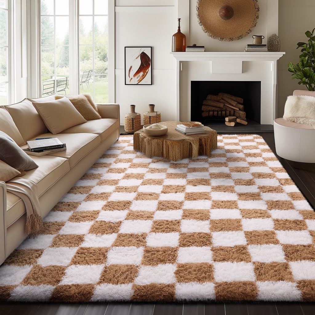 Ophanie Checkered Beige & White Rug for Living Room Bedroom, Fluffy Soft Cute Fuzzy Area Rugs, Shag Plush Shaggy Bedside Floor 8x10 Furry Carpet for Kids Baby Teen Dorm Nursery Home Decor Aesthetic - Image 5