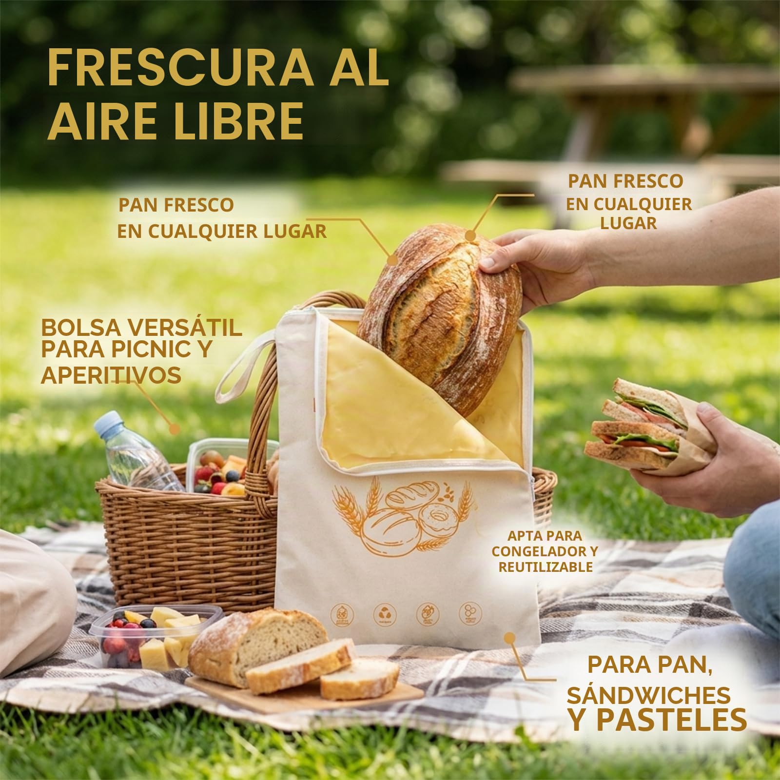 Bolsa para Pan con Cera de Abeja, Bolsas Reutilizables de Almacenamiento con Cremallera y Asa, Algodón Natural para Pan Casero y de Masa Madre (Pack de 2, 33x43cm)