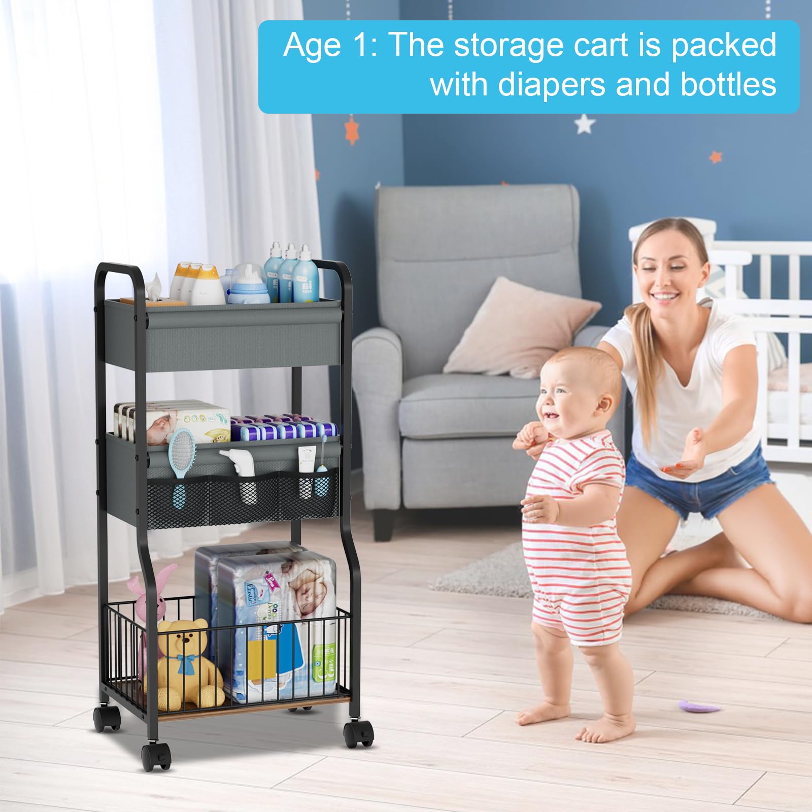 Organizador de pañales para bebé y carrito de almacenamiento con 4 + 3 divisores, carrito de pañales rodante de 3 niveles, carrito de noche para artículos esenciales del bebé con ruedas para