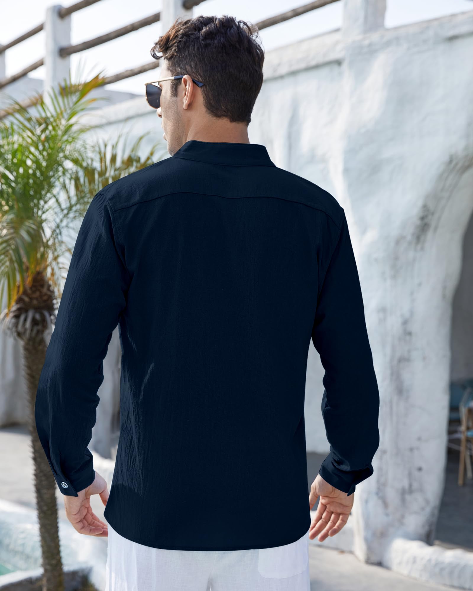 NANAMEEI Camisa de lino para hombre de manga larga camisa casual cuello Mao abotonado camisa de playa verano
