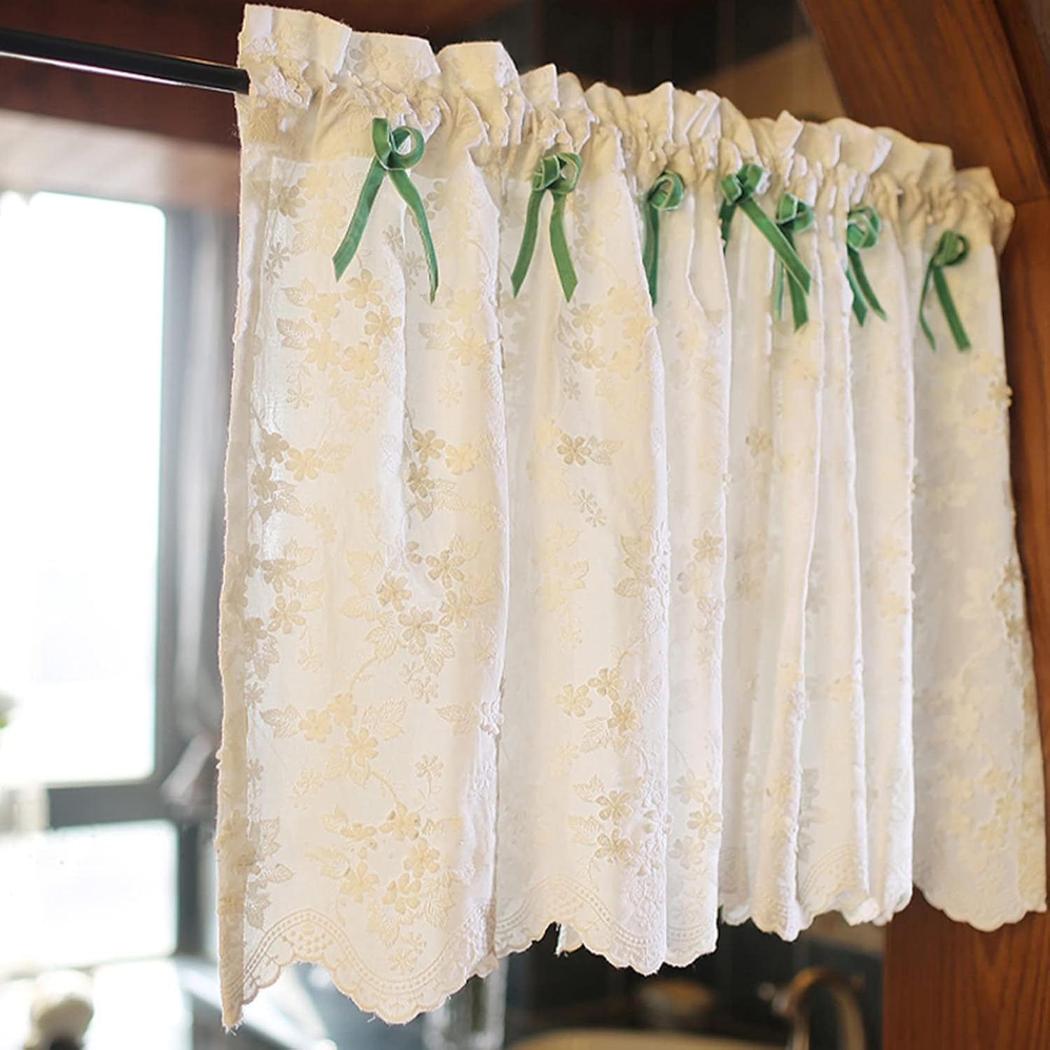 White Cotton Kitchen Curtains, Embroidery flowers Tier Curtains Half/Small Window Blackout Curtain Valance Panel Rod Pocket, for Farmhouse Cafe Bathroom Cupboard ( Size : W150xH53cm/59x20.8in )