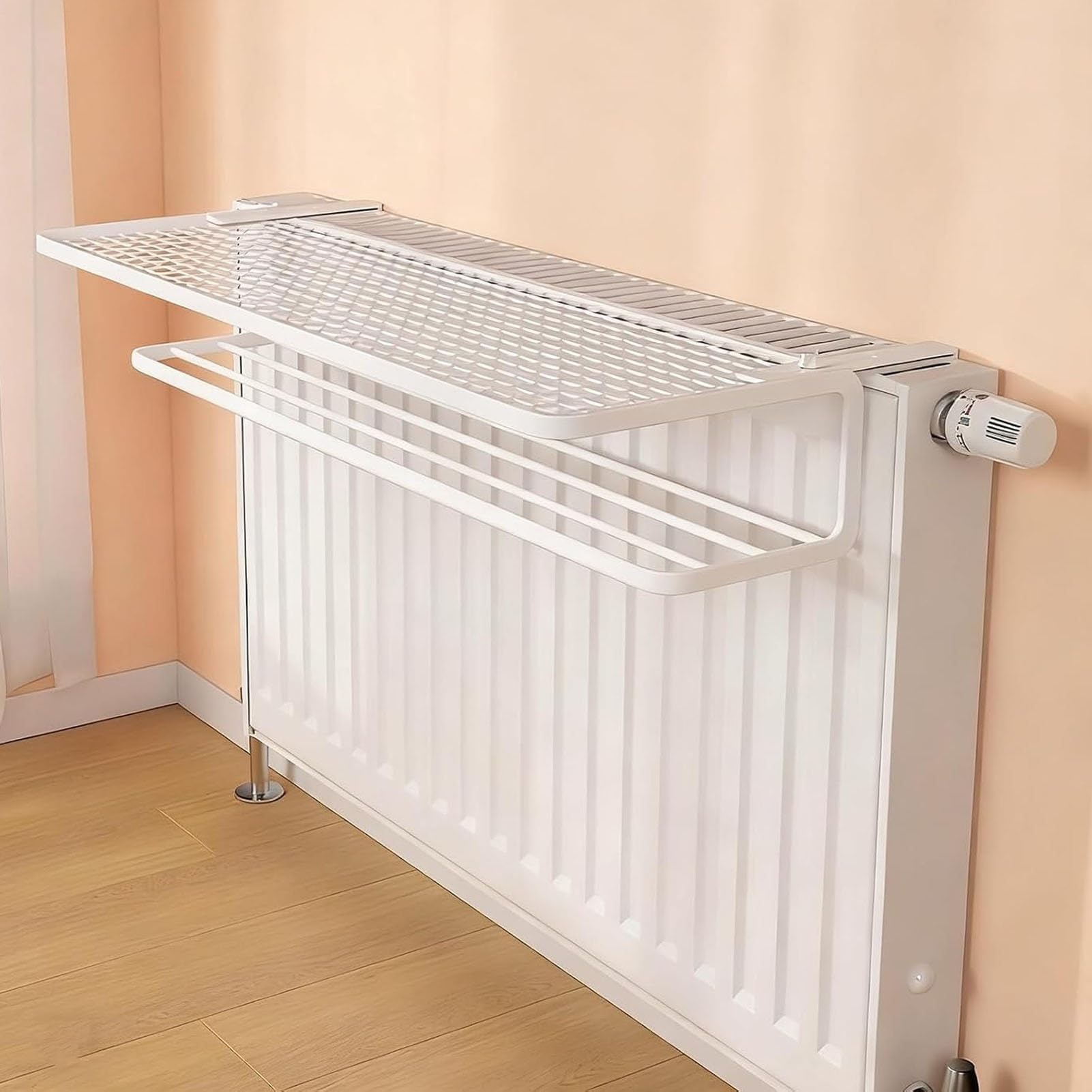 Estante radiador blanco de 35cm con brazos ajustables para baño