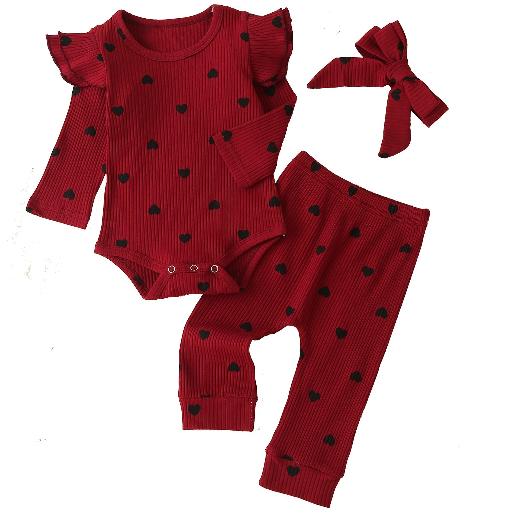 Fullfamous Baby Girl's 3pc Rib Frill Long Sleeve Romper and Pant Set
