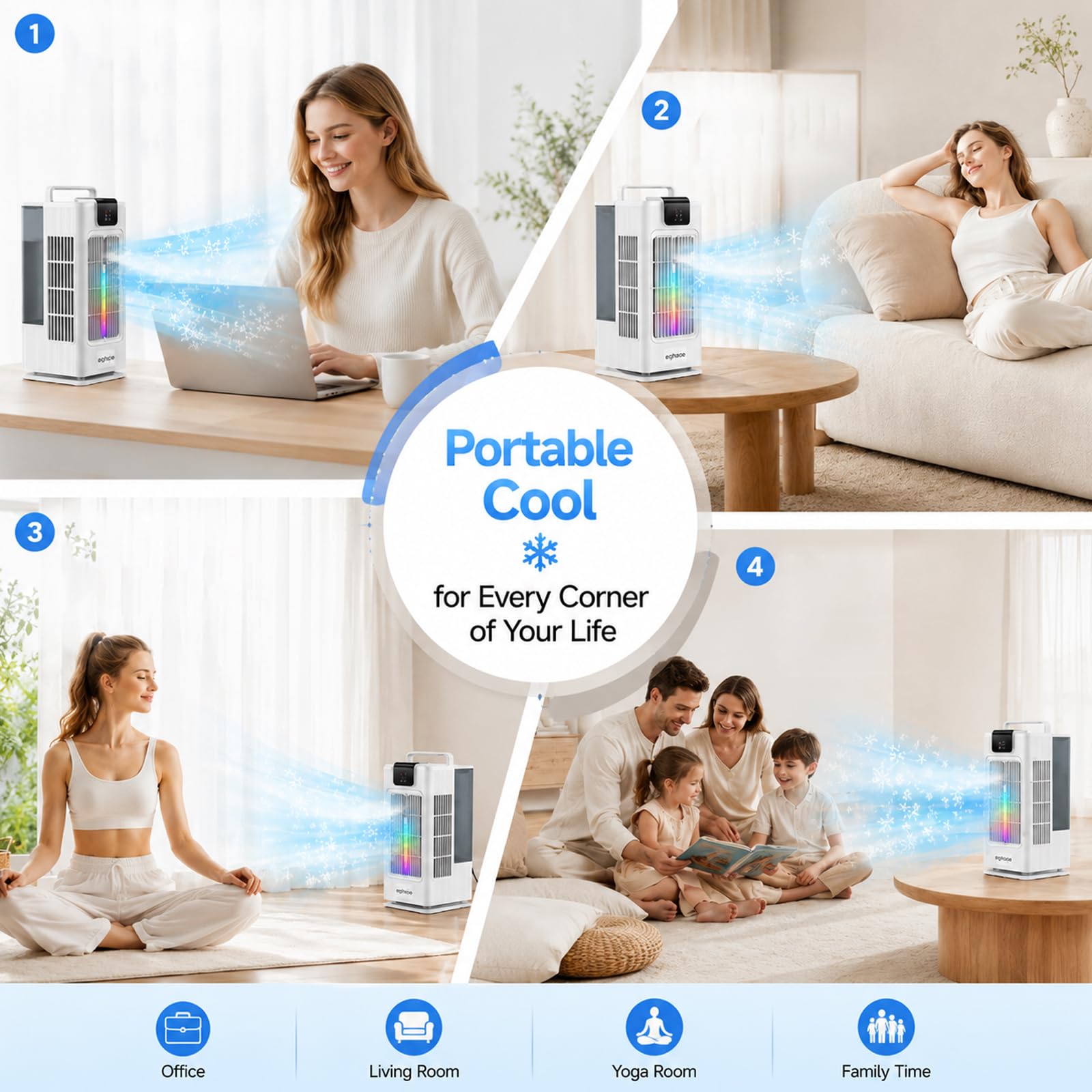 Refroidisseur d'air évaporatif 4-en-1,2L Ventilateur Rafraîchissant Portable avec Télécommande,Oscillation 120°,4 Vitesses 3 Brumisation,Minuterie 1-8H,pour Chambre Bureau Maison (Blanc, 2L)
