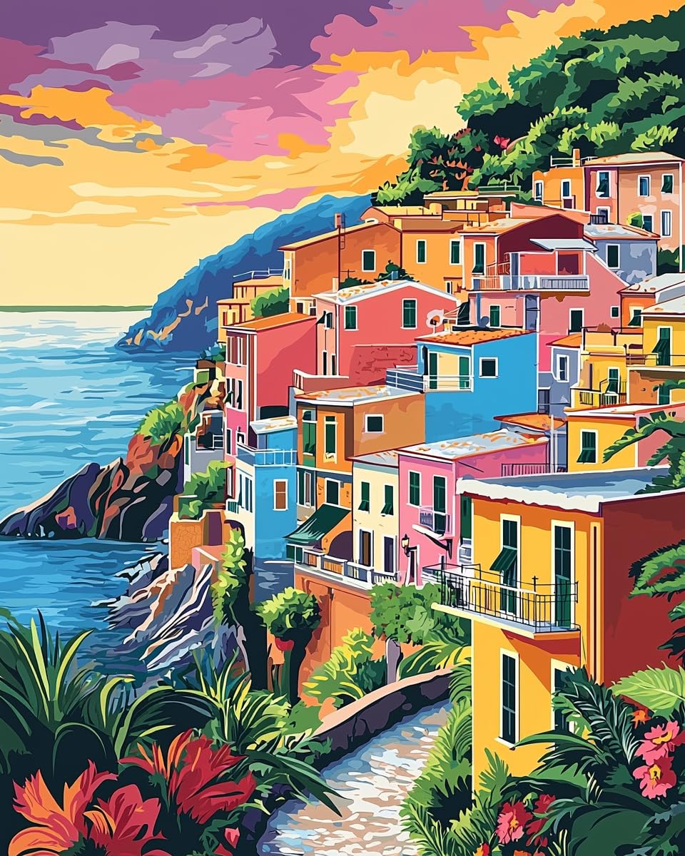 Seaside Town Paint by Numbers Kit for Adults, DIY Paint by Numbers Kit for Adults, Coastal City Painting by Numbers Kits Art on Canvas, Digital Oil Number Painting Kits for Home Wall Decor 16x20 Inch