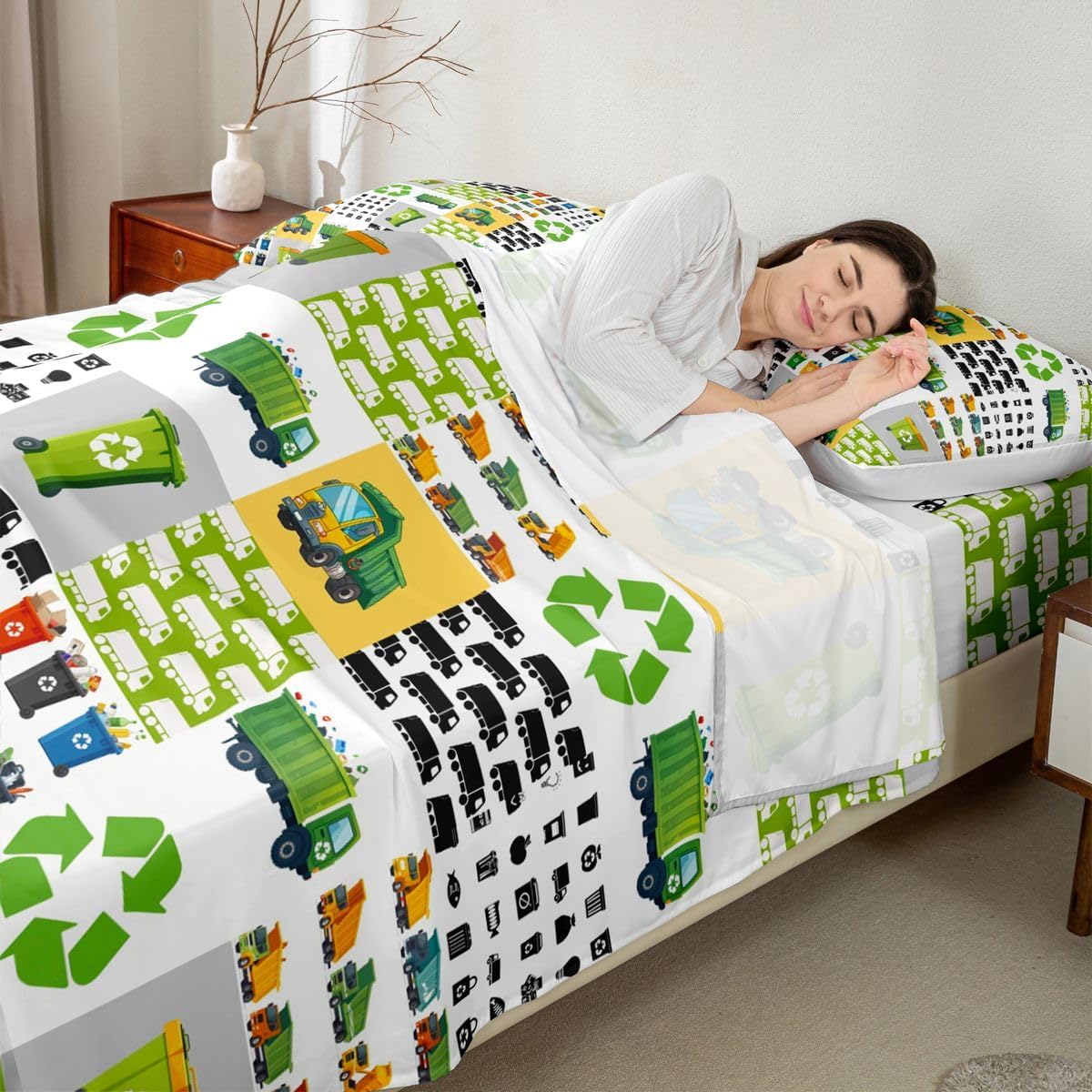 Green Garbage Truck Sheet Set Cartoon Trash Truck Bed Sheets Set Garbage Truck Toy Print Sheets with Deep Pocket Fitted Sheet Vehicle Car Bedding Set Geometric Plaid Bedroom Decor 4Pcs Queen Size