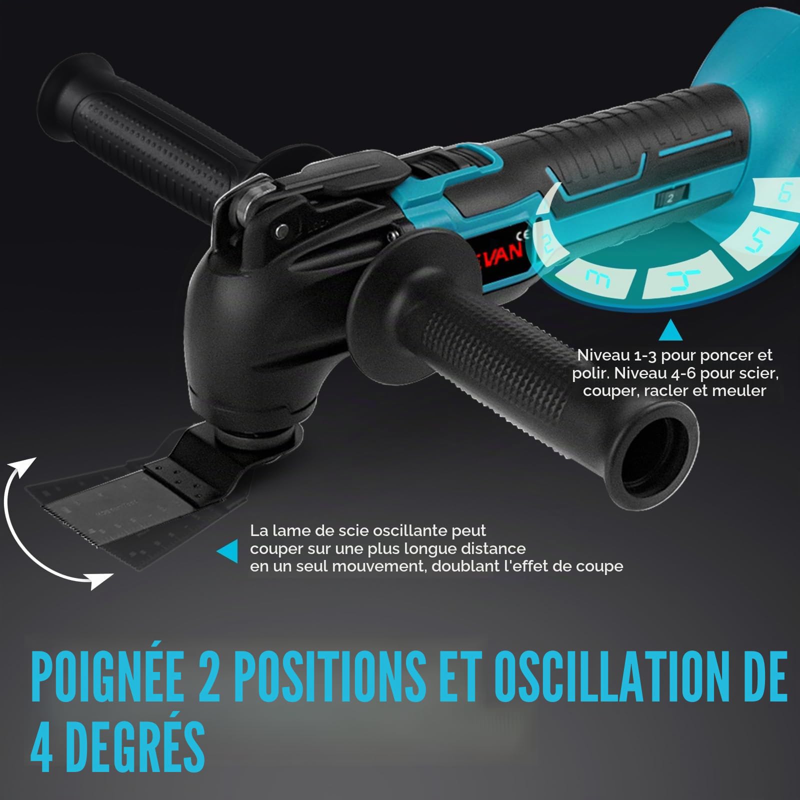 ONEVAN Outil Multifonction 4°Oscillation avec 2 Batteries 22 Pièces | 6 Vitesses 20000 tr/min, Changement sans outil, Coupe, ponçage et polissage précis, Multitool universel