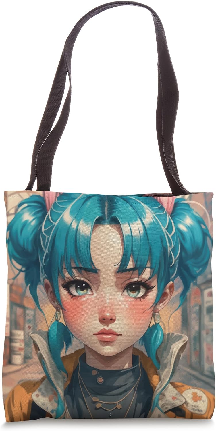 Japanese, Kawaii Aesthetic Anime Woman with Blue Hair Tote Bag