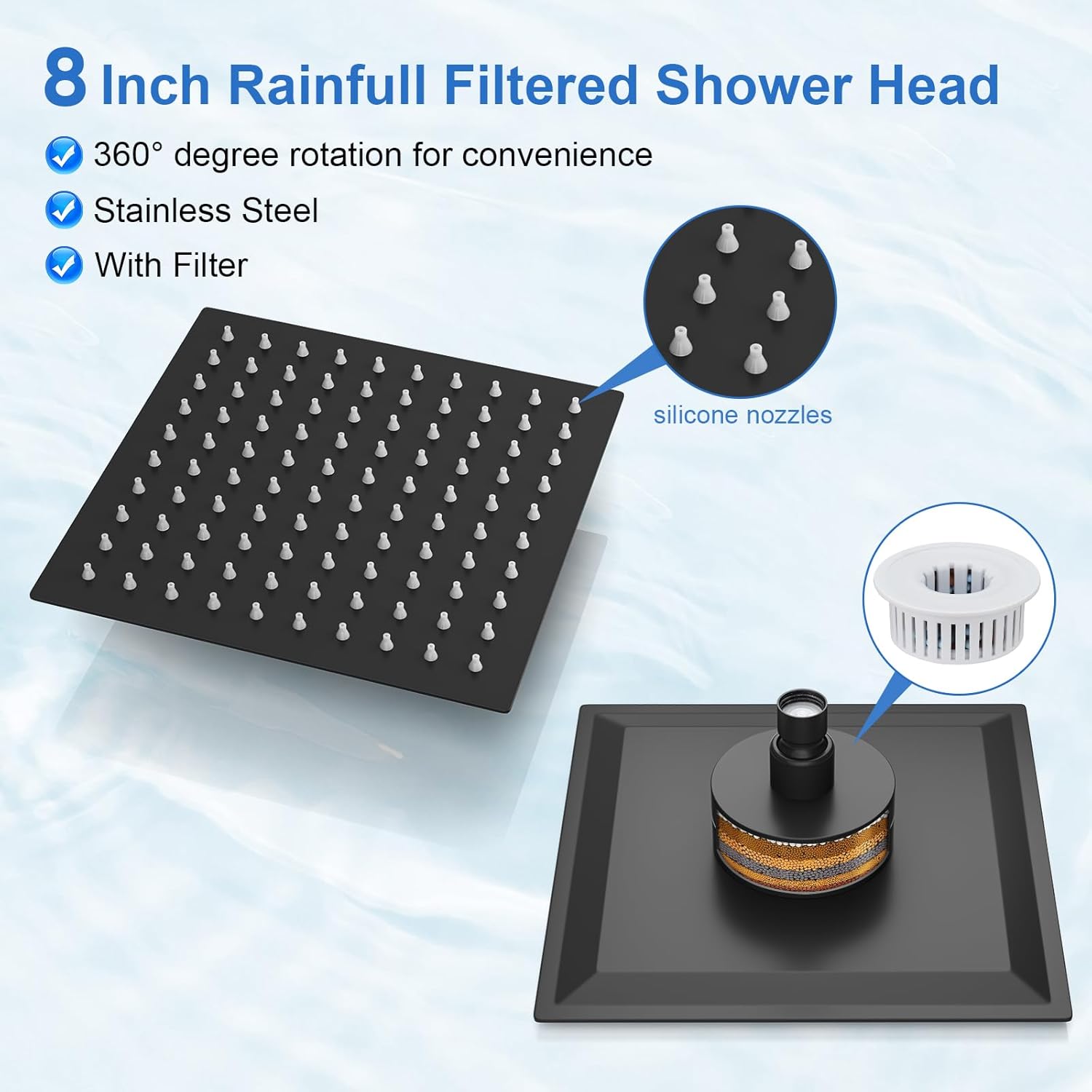 RUMOSE Shower Faucet Set Matte Black Rain Shower Head and Handle Set 8 Inch Square Rainfall Shower System with Filter for Hard Water Single Function Trim Kit with Rough-in Valve Stainless Steel