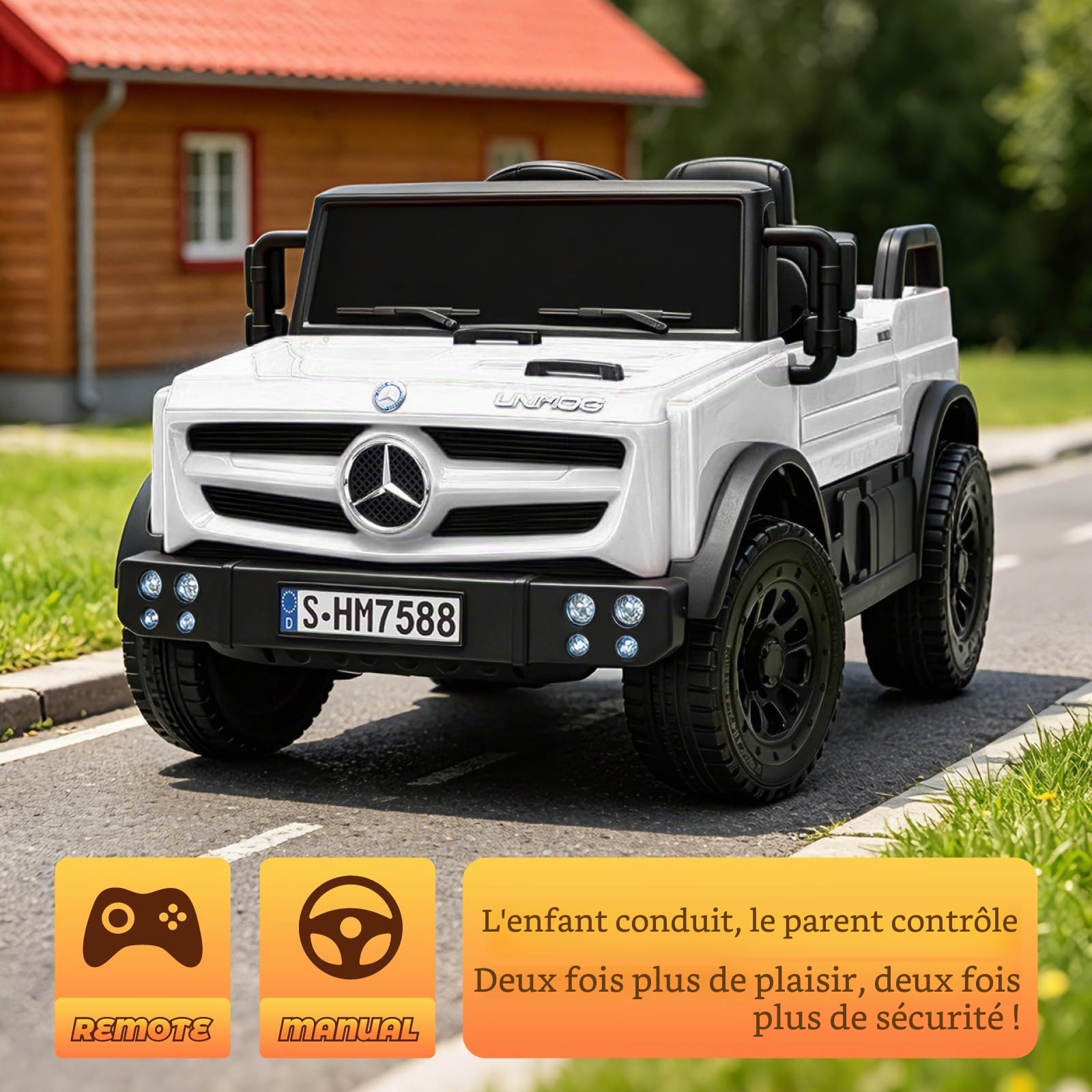 TCARAIWEN Voiture Électrique Enfant Mercedes-Benz Unimog sous Licence, Voiture Enfant 12V pour 3-6 Ans, Véhicule avec Télécommande, Ceinture 3 Points, Bluetooth, 5 km/h (Blanc)