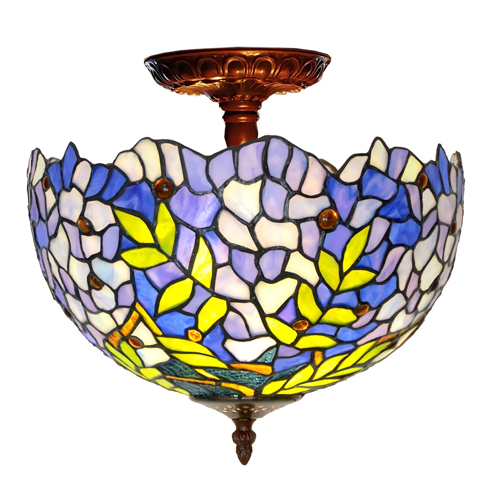 Aioneer 12" Tiffany Wisteria Ceiling Light Fixture Stained Glass Semi Flush Mount Ceiling Lamp,Victorian Style Metal Decor Chandeliers For Bedroom Kitchen Dining Living Room Hall