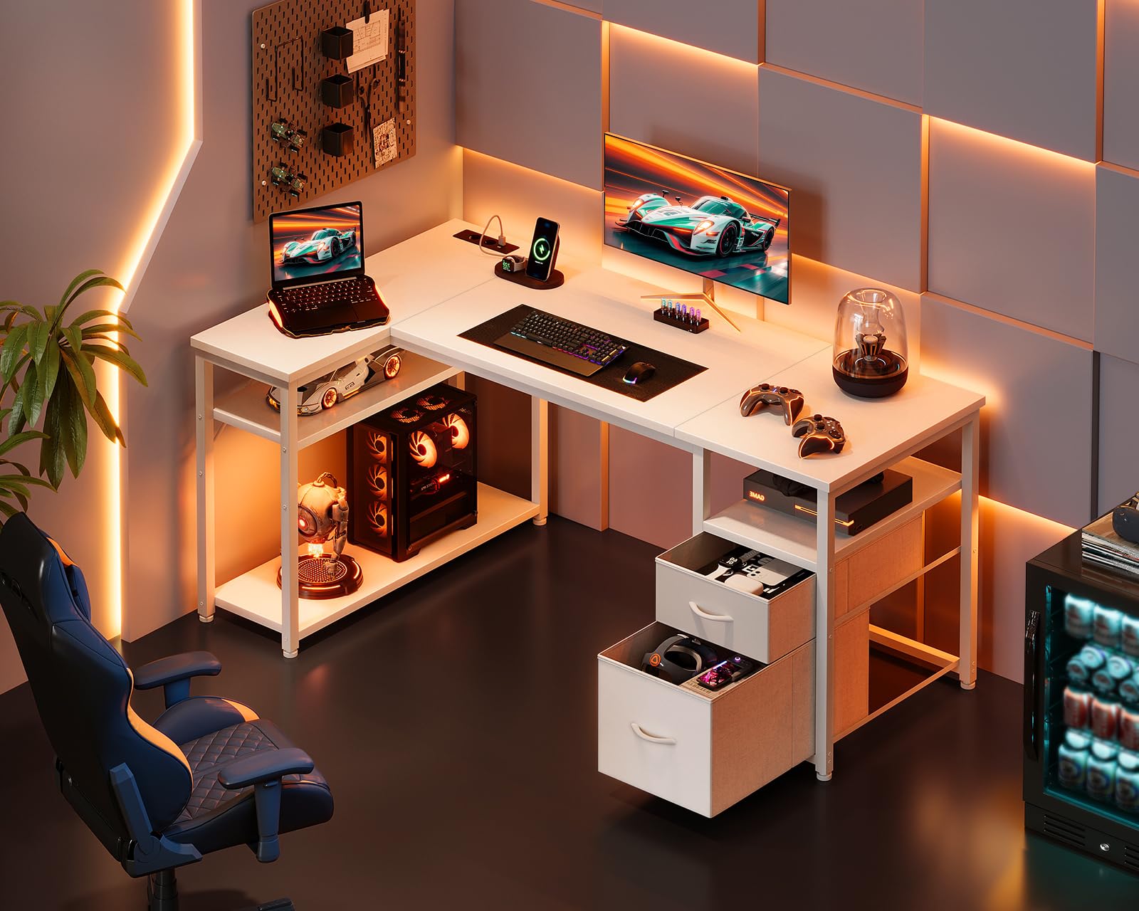 Coleshome Escritorio Esquinero con Cajones de Tela, 140x80cm Escritorio en L con Estantería Reversible, Mesa en L con Enchufes y Puertos USB para Oficina Trabajo en Casa y Juegos, Blanco