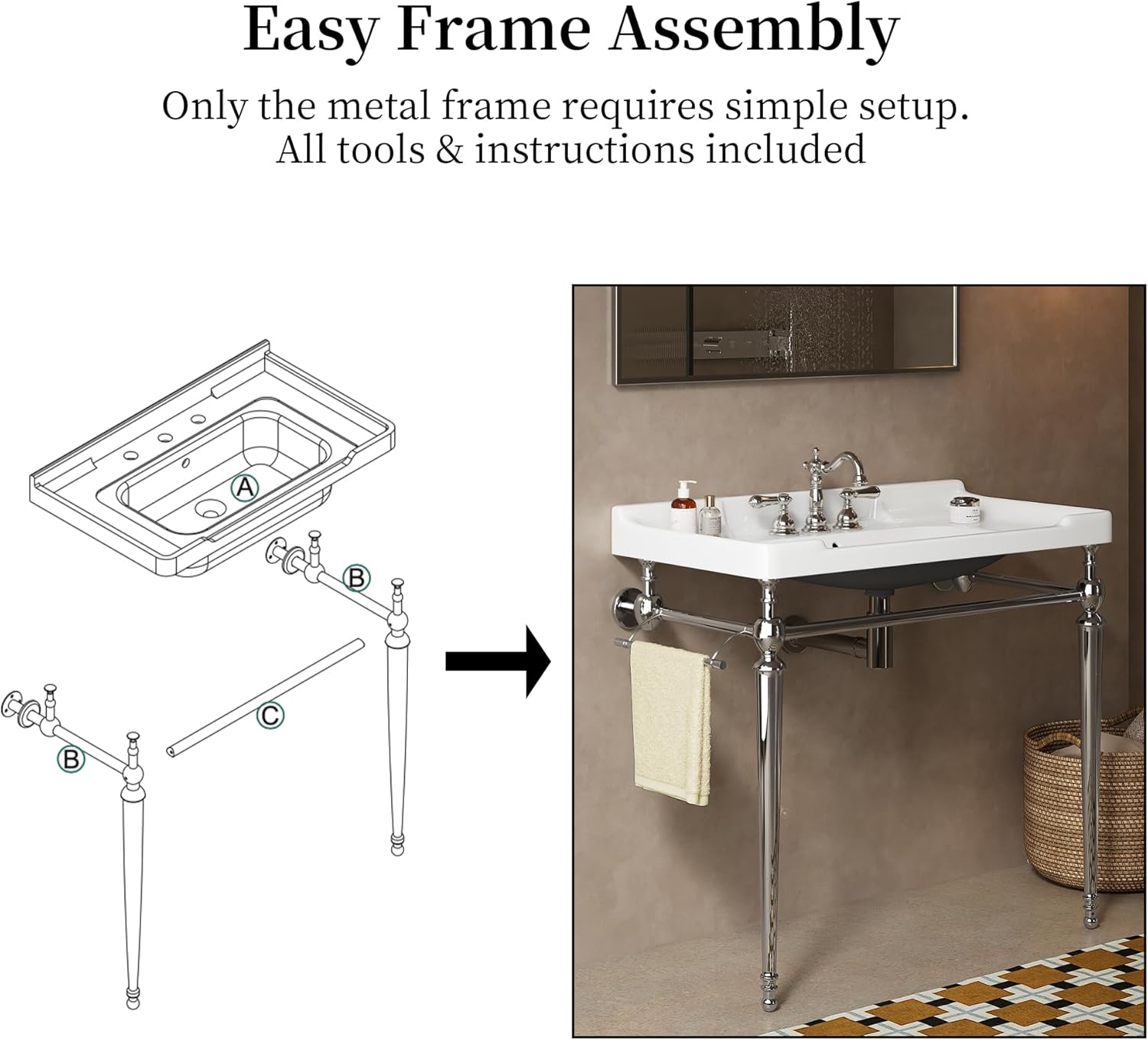 Yayzy 36” Bathroom Vanity with White Ceramic Sink, Wall-Mounted Console Style, Silver-Finish Stainless Steel Legs & Towel Bar, 3 Faucet Holes, No Faucet