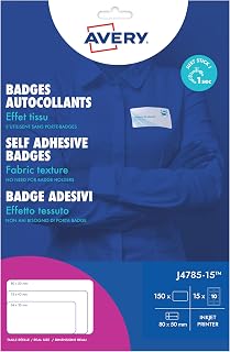 Avery – 150 Namensschilder bedruckbar für Textilien, aus weißem Polyester, Format 80 x 50 mm, Tintenstrahldruck, (J4785-15)
