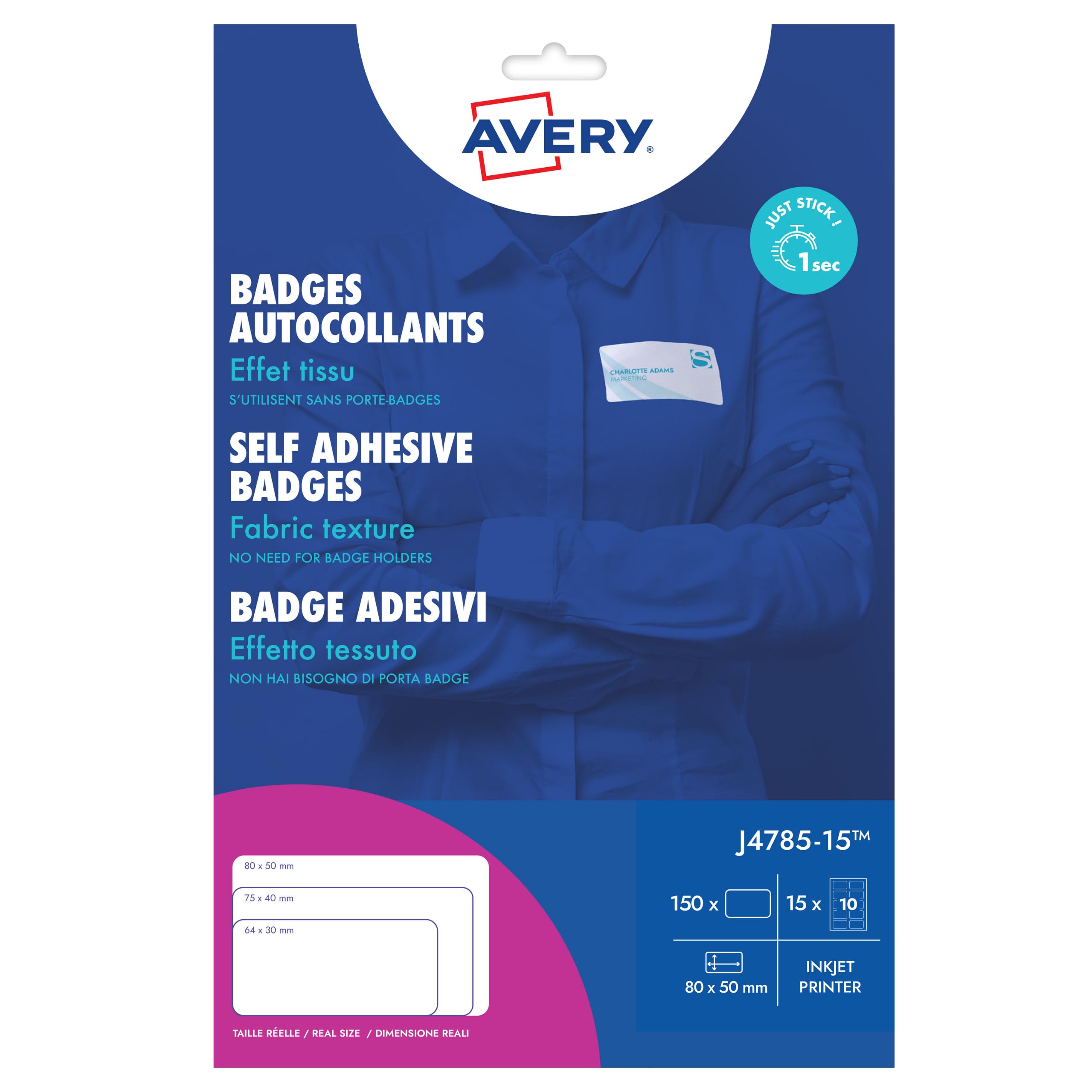 Avery Italia J4785-​15 - Badge identificativi adesivi, 15 fogli A4, rettangolari 80x50mm, 10 badge per foglio, rimovibili, per stampanti inkjet