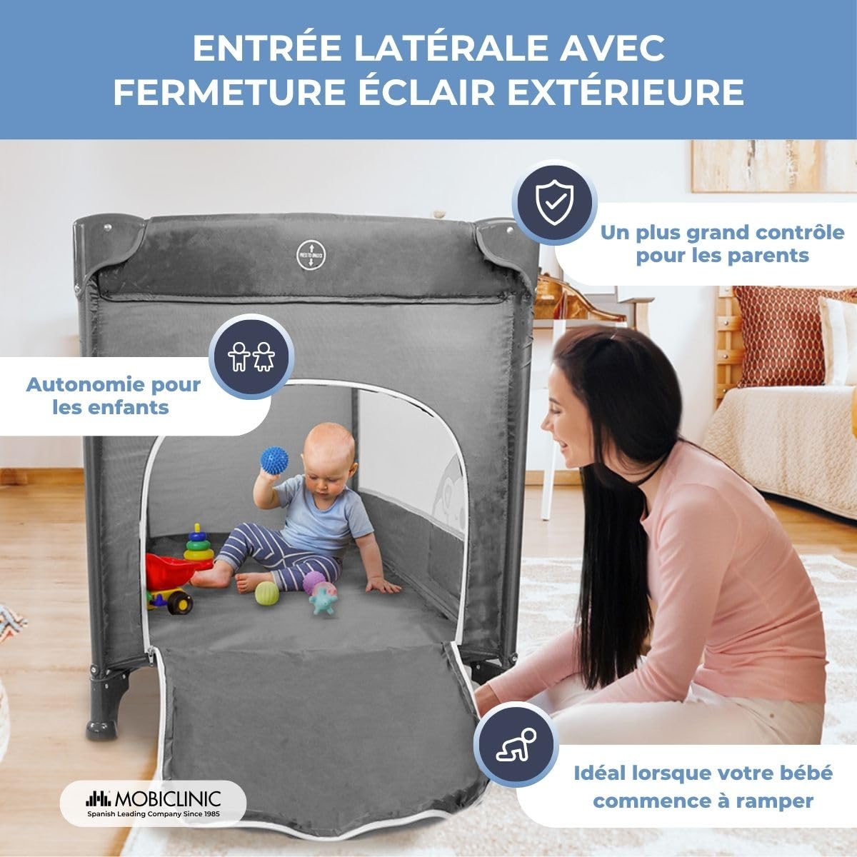 Mobiclinic Lit Parapluie Bébé 2 en 1 Pliage Ultra-Compact Matelas Amovible Jusqu'à 15kg Tissu Respirant Parc pour bébé Gris