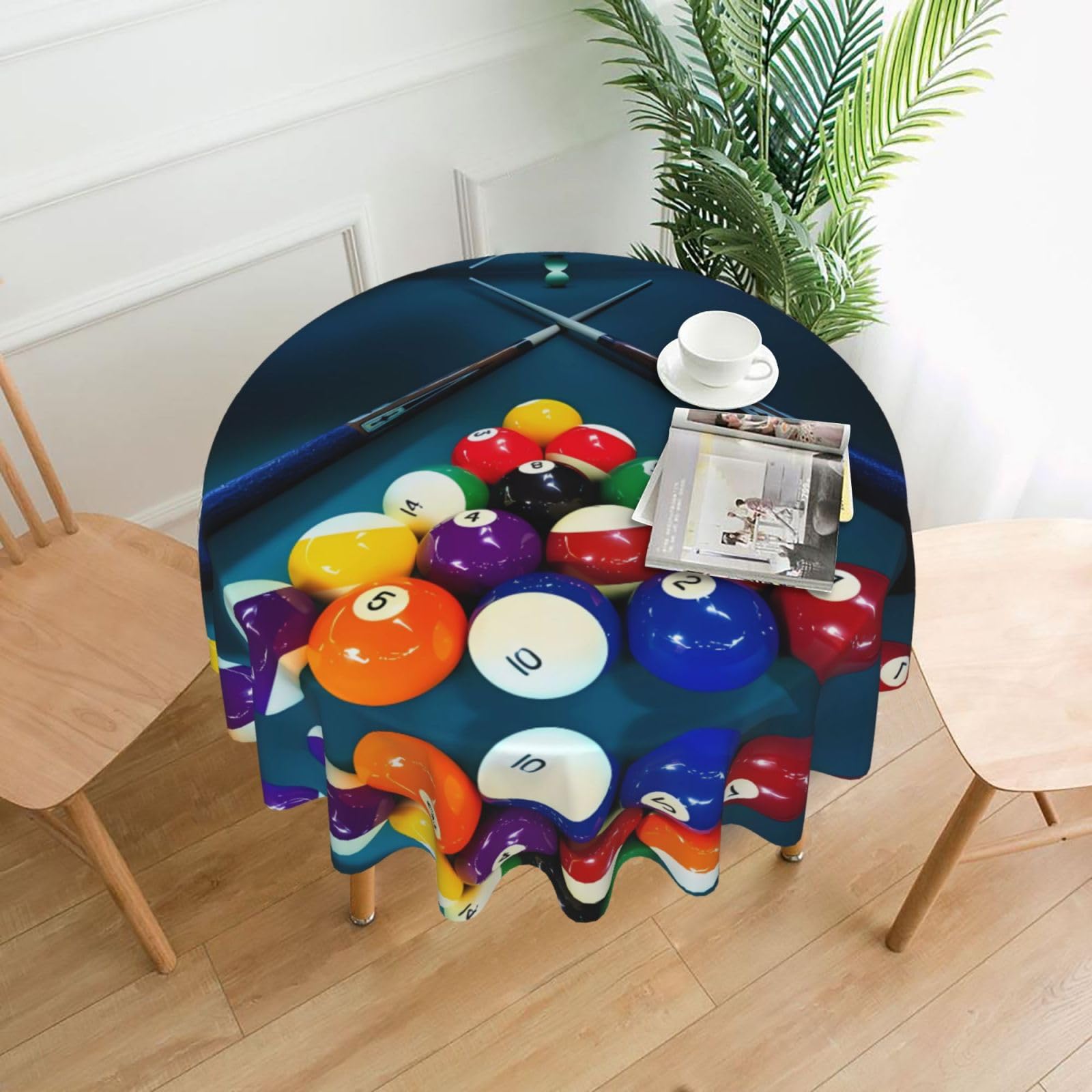 YYHHAOFA Billiard Prints 60in Round Decorative Tablecloth – High-Grade Polyester Throw Cover for Dining, Parties, and Outdoor Events