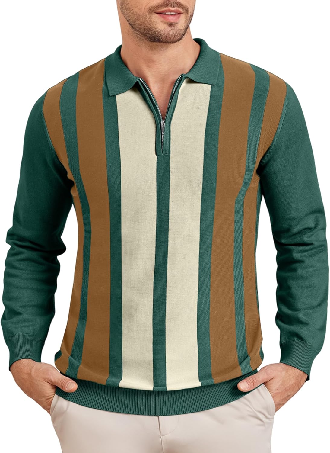 EDITCOZY Mens Knit Polo Shirts Vintage Striped Long Sleeve Quarter Zip Polo Sweater Pullover Shirts Golf Shirts