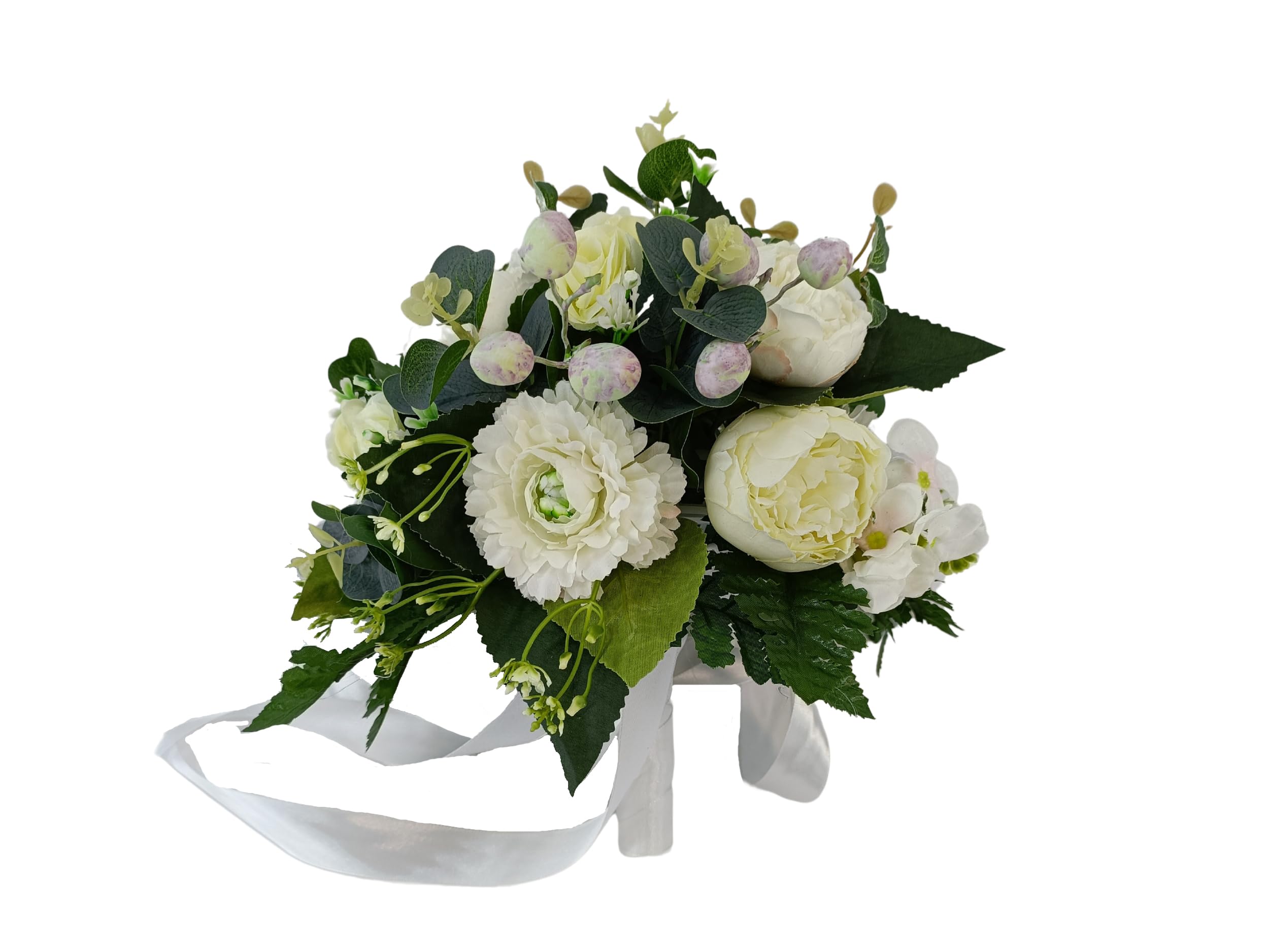Bouquet de mariée artificiel beige et blanc DRW avec pivoines et eucalyptus