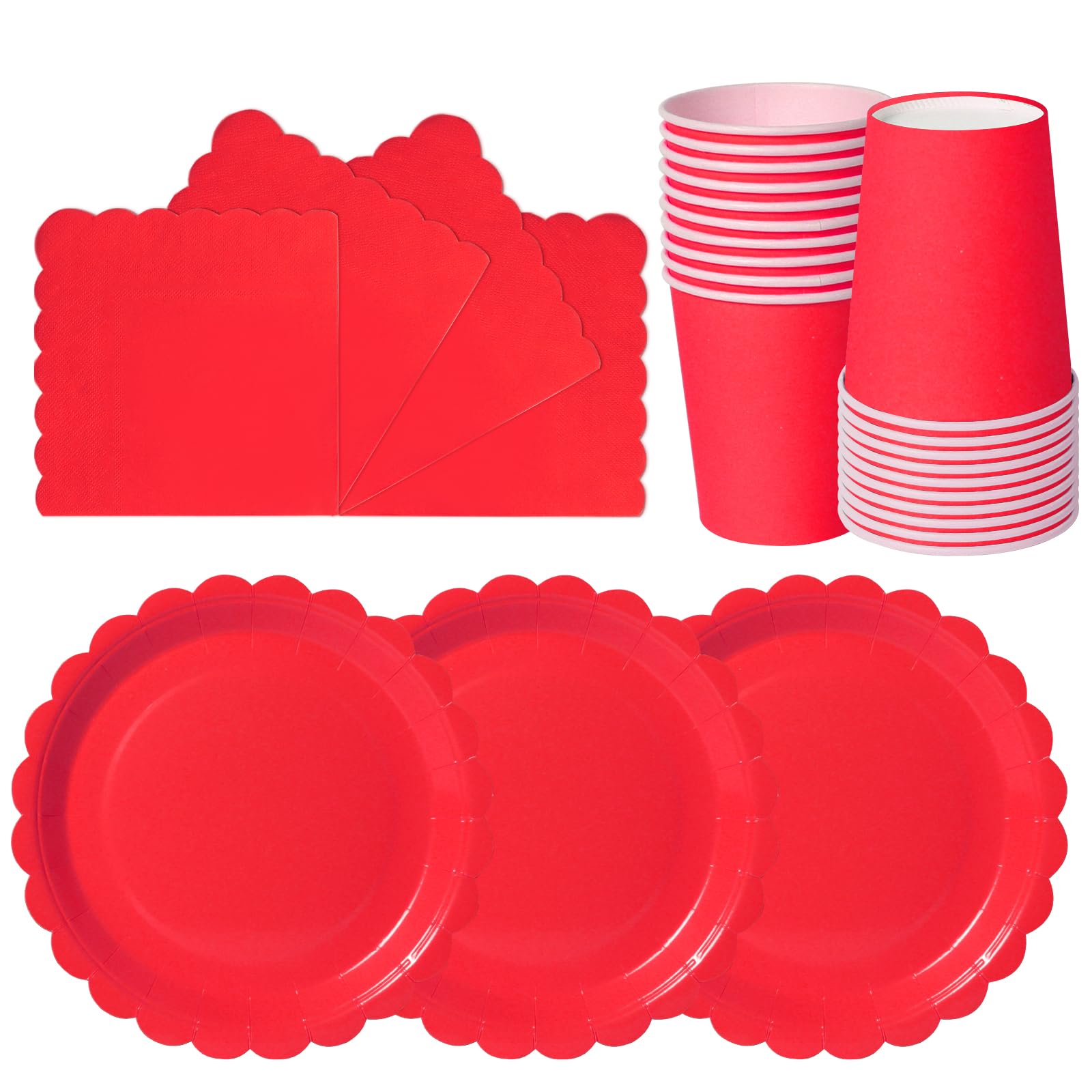 hailstones Red Disposable Scalloped Party Paper Plates Set Tableware Supplies - 24 Pack of 7 Inch Plates, Cups & Napkins for Kids Birthday Decorations Christening Wedding Shower