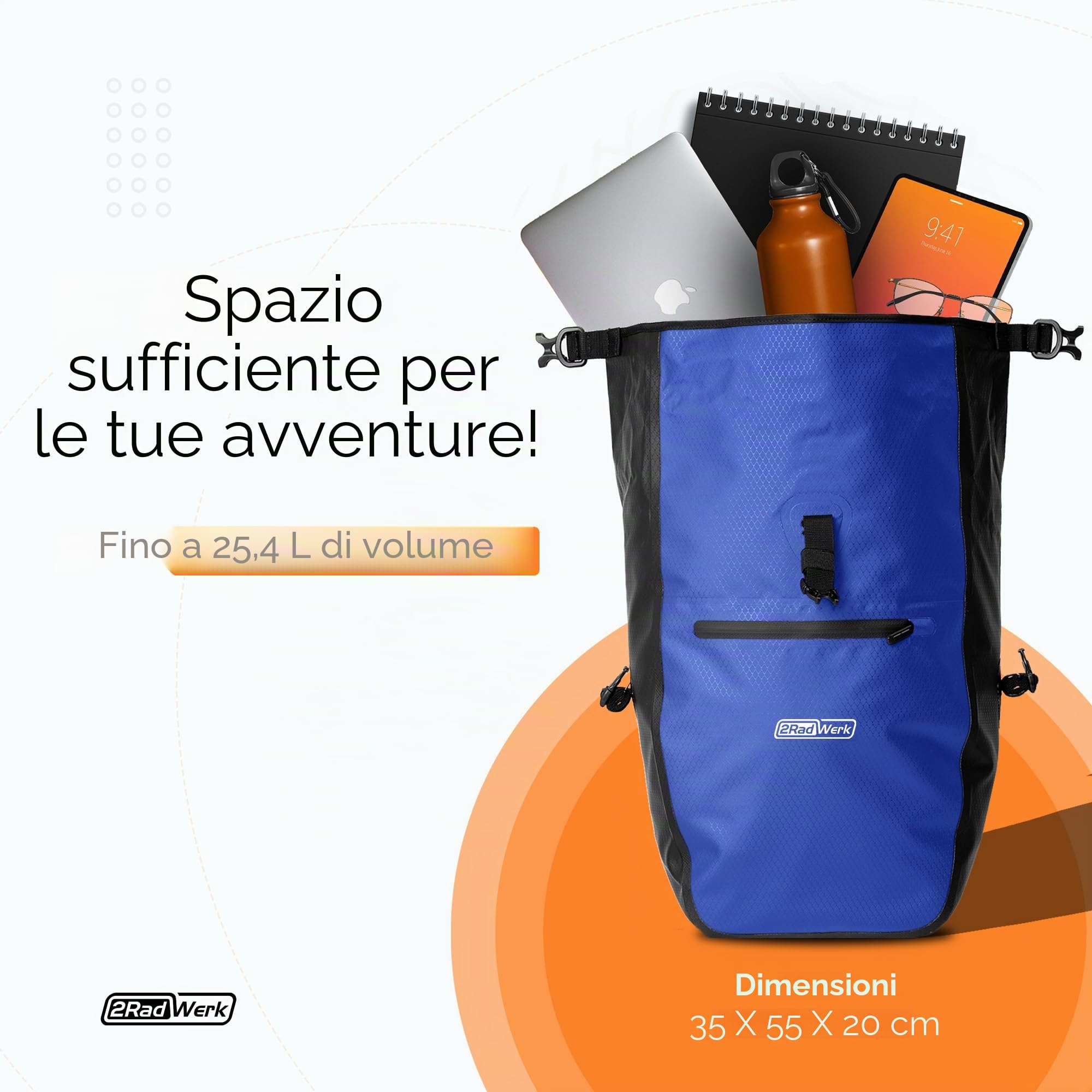 2Radwerk Borsa da bicicletta per portapacchi da 25,4 l, 100% impermeabile, con maniglia per il trasporto e tracolla, portapacchi per bicicletta, borsa per portapacchi posteriore, 56,5 x 30 x 15 cm