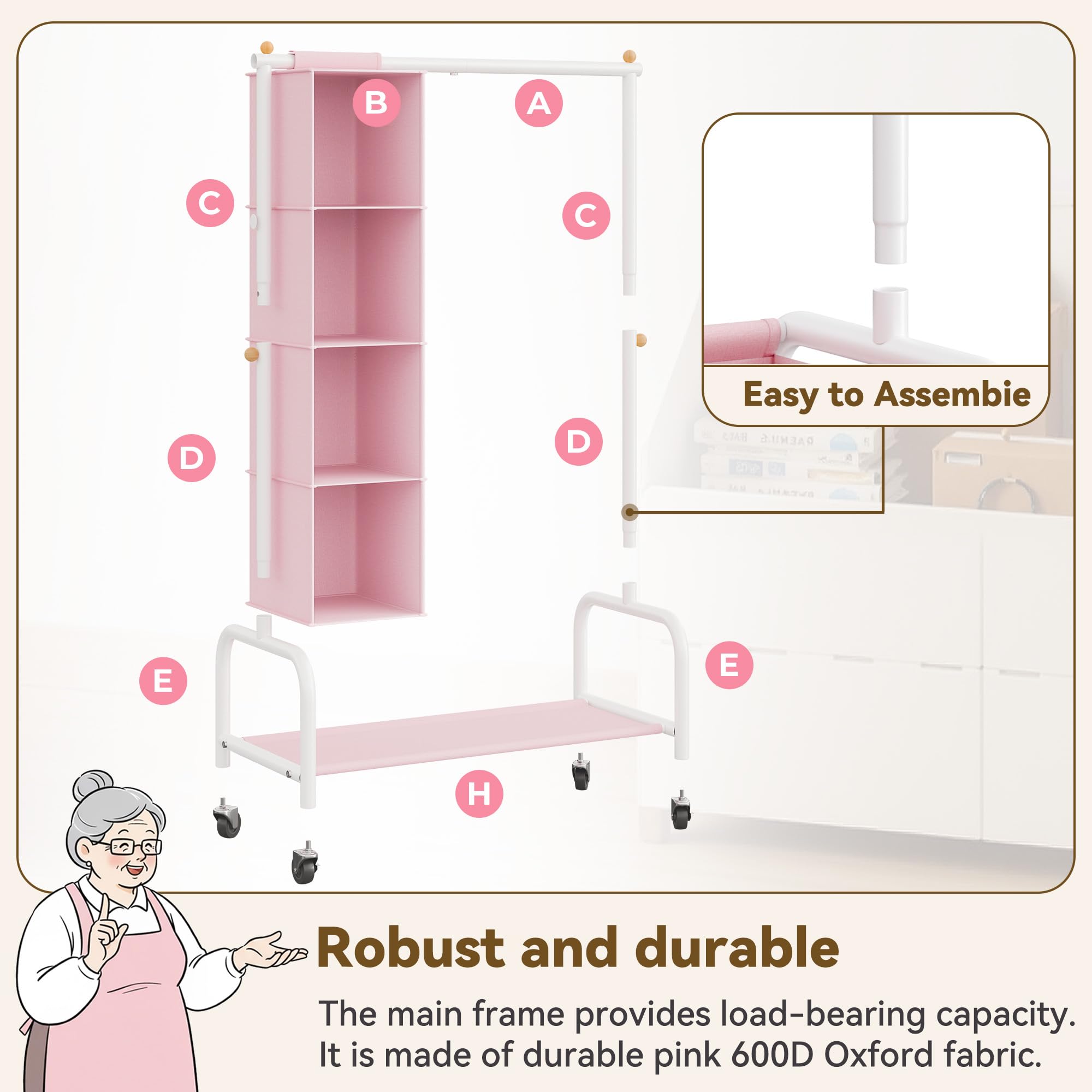 GRANNY SAYS Appendiabiti per Bambini con Organizer a Sospensione, Appendiabiti con Ruote per Travestimenti, Appendiabiti per Bambini, Appendiabiti per la Cameretta dei più Piccoli, Rosa/Bianco