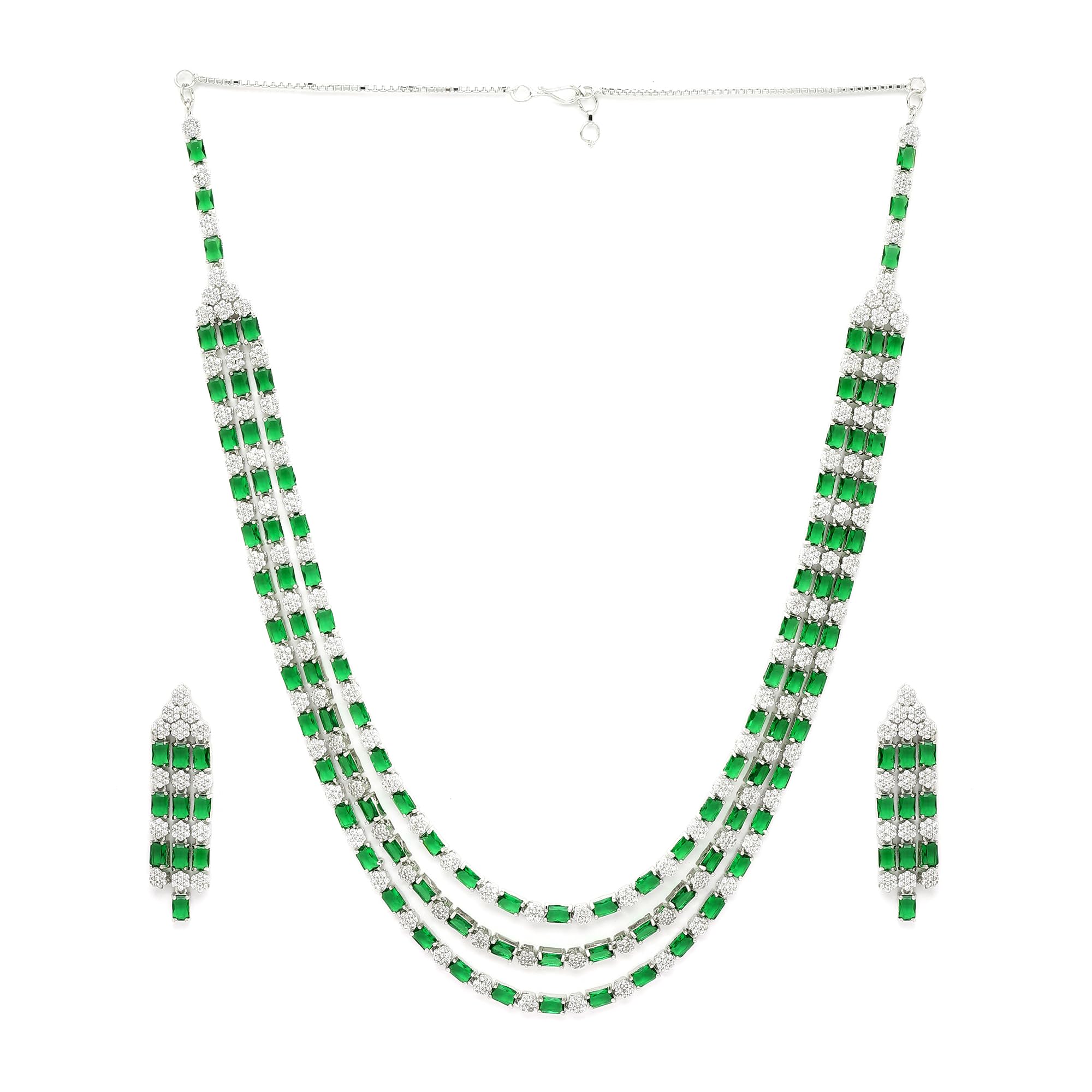 ZENEME Rhodium-Plated American Diamond Studded Layered Necklace With Earrings Jewellery Set For Girls and Women (Green) (B0CGR2KNKW) Amazon Price History, Amazon Price Tracker