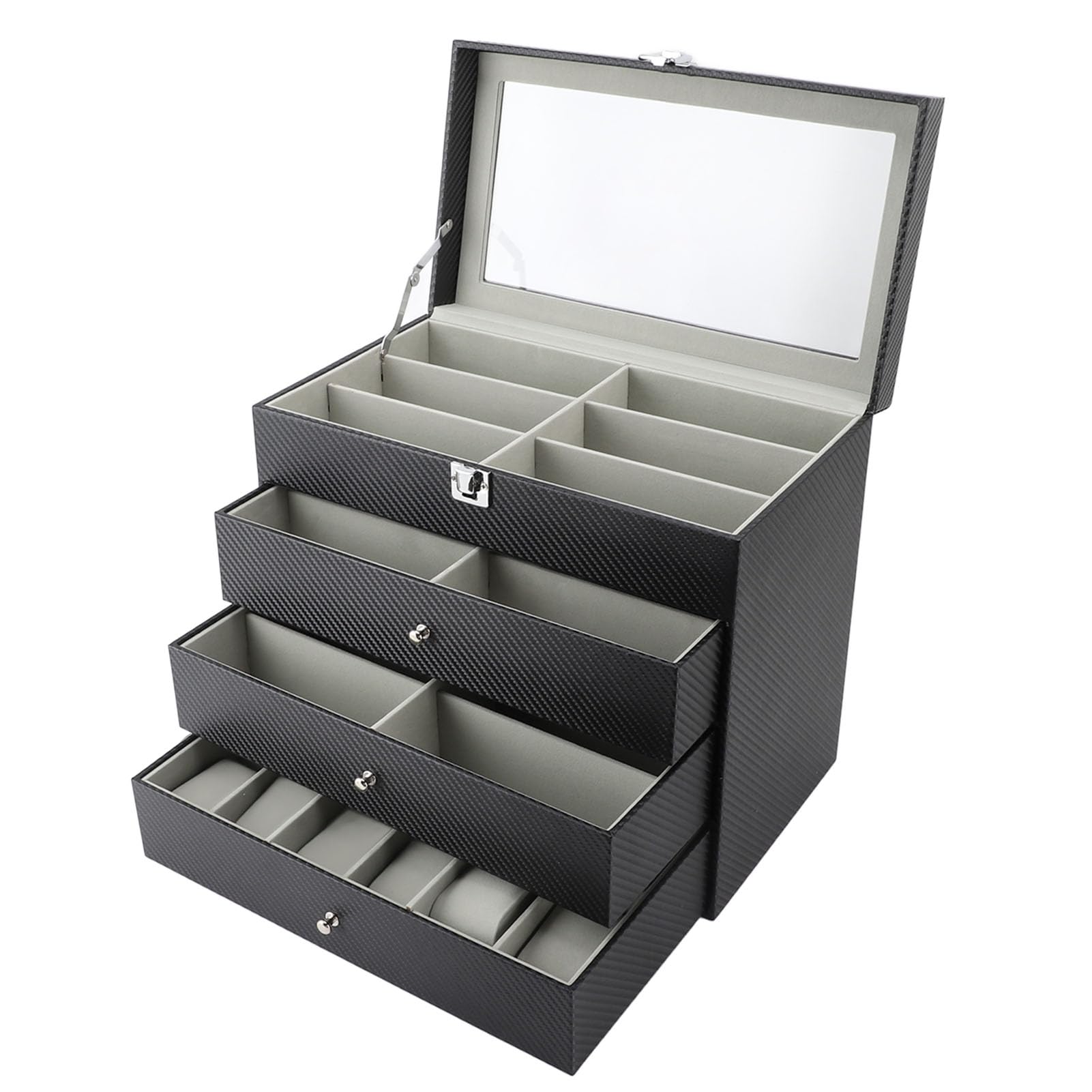 Organizer na Okulary Przeciwsłoneczne, 4 Warstwy, 27 Przegródek Organizer na Okulary z Włókna Węglowego Etui Przeciwsłoneczne z szarą aksamitną wyściółką do Sklepów Domowych