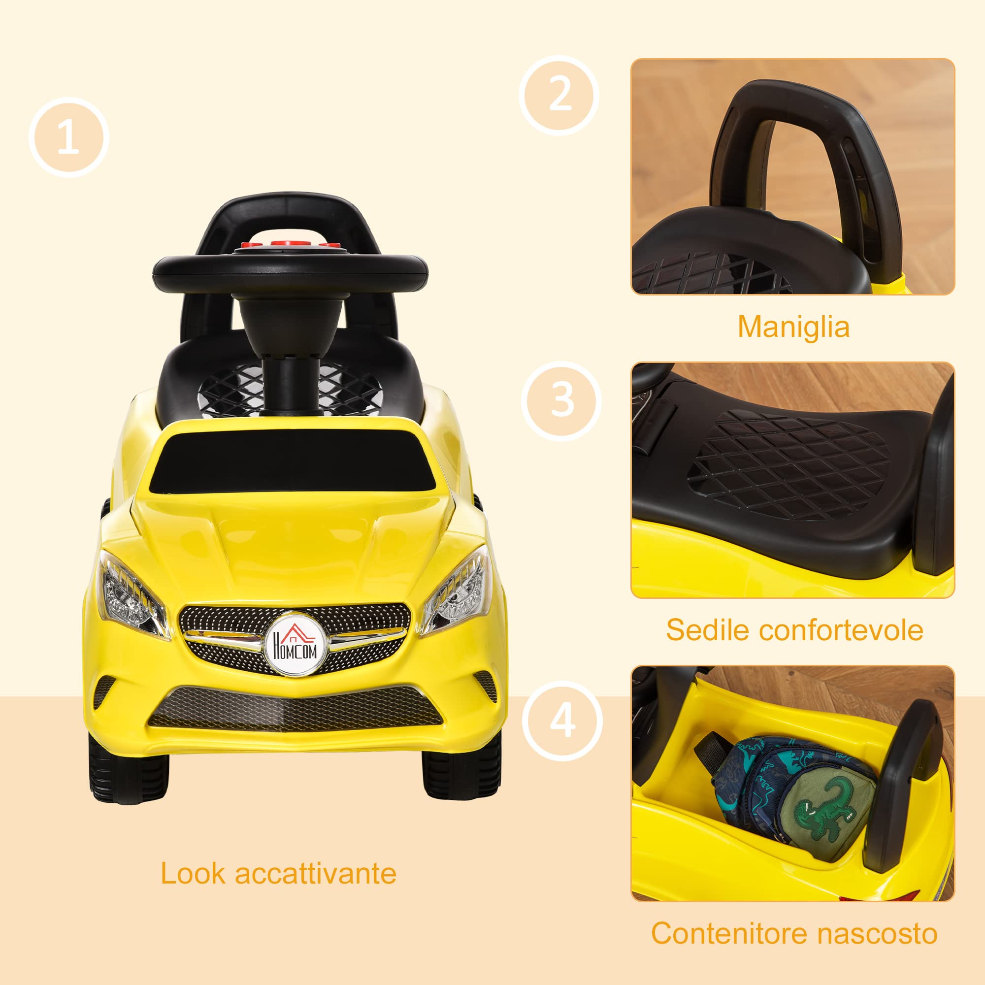 HOMCOM Macchinina per Bambini Cavalcabile con Volante, Fari e Musiche Integrate, Macchina per Bambini in PP e Metallo, 63.5x28x36 cm, Giallo