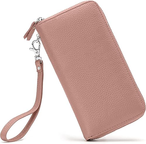 Cartera para mujer con bloqueo RFID, de piel auténtica, con cremallera alrededor, cartera de mano, cartera de mano, cartera larga de viaje para mujer
