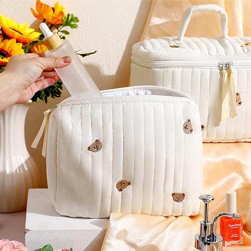 Miniatura 5 de Paterr Juego de 3 bolsas de maquillaje acolchadas de algodón, bolsa de cosméticos de coqueta, bolsas de aseo estéticas de viaje, linda bolsa Kawaii