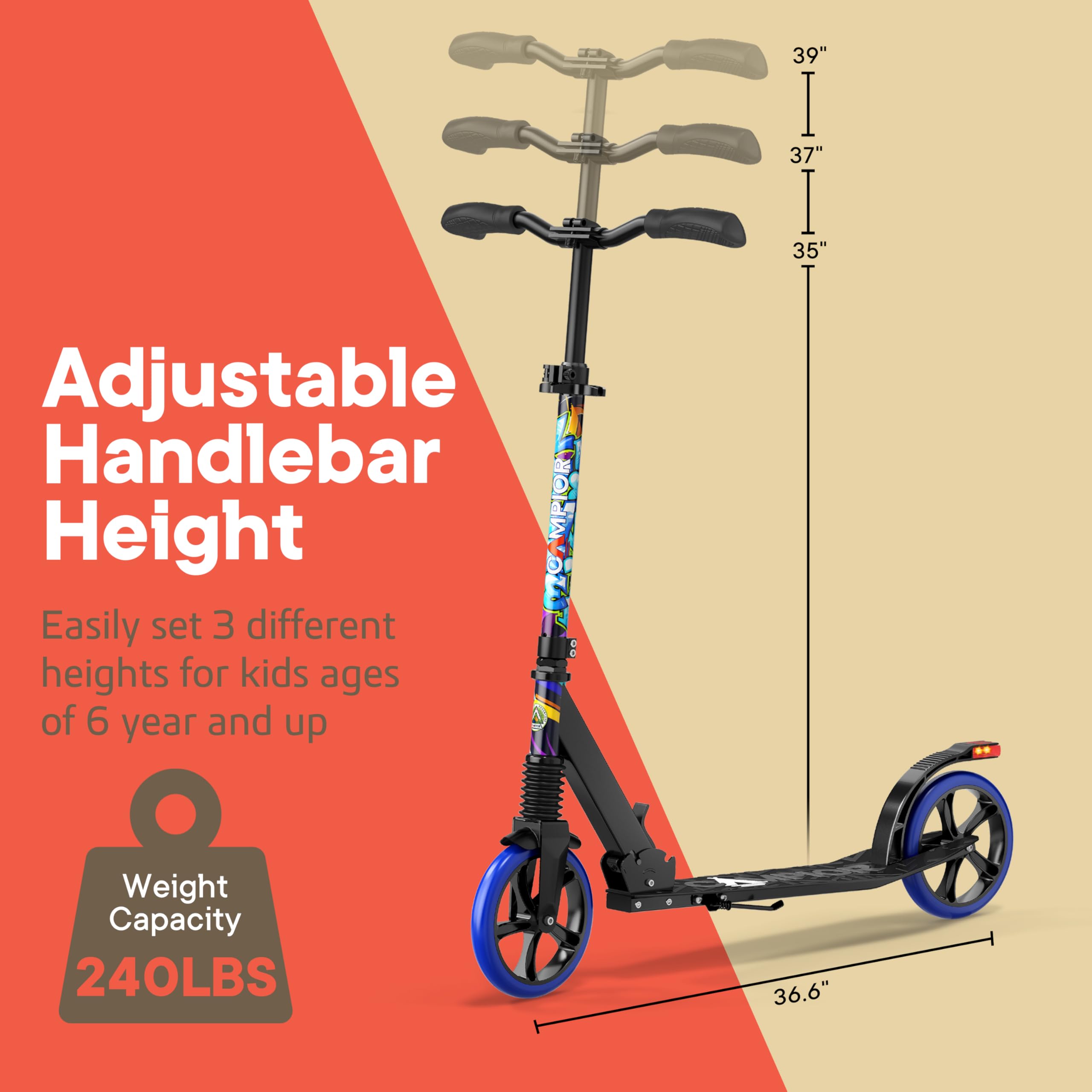 Kick Scooter for Ages 6+, for Kids, Teens, and Adults, Max Load 240 LBS, Foldable, 8-inch Big Wheels for Kids and Adults, with Kickstand, 3 Adjustable Levels, Child Safety Approved, Graffiti