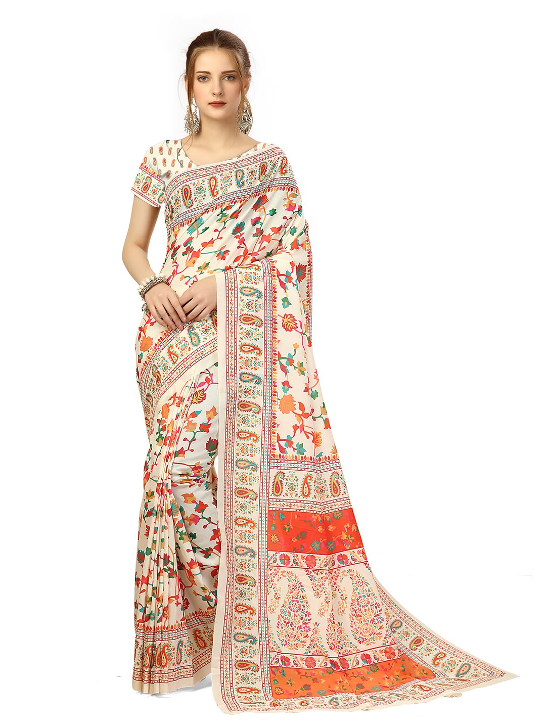 Bee M Pee DesignerPlain Cotton Blend Saree for Women(WDG Pashmina)_White