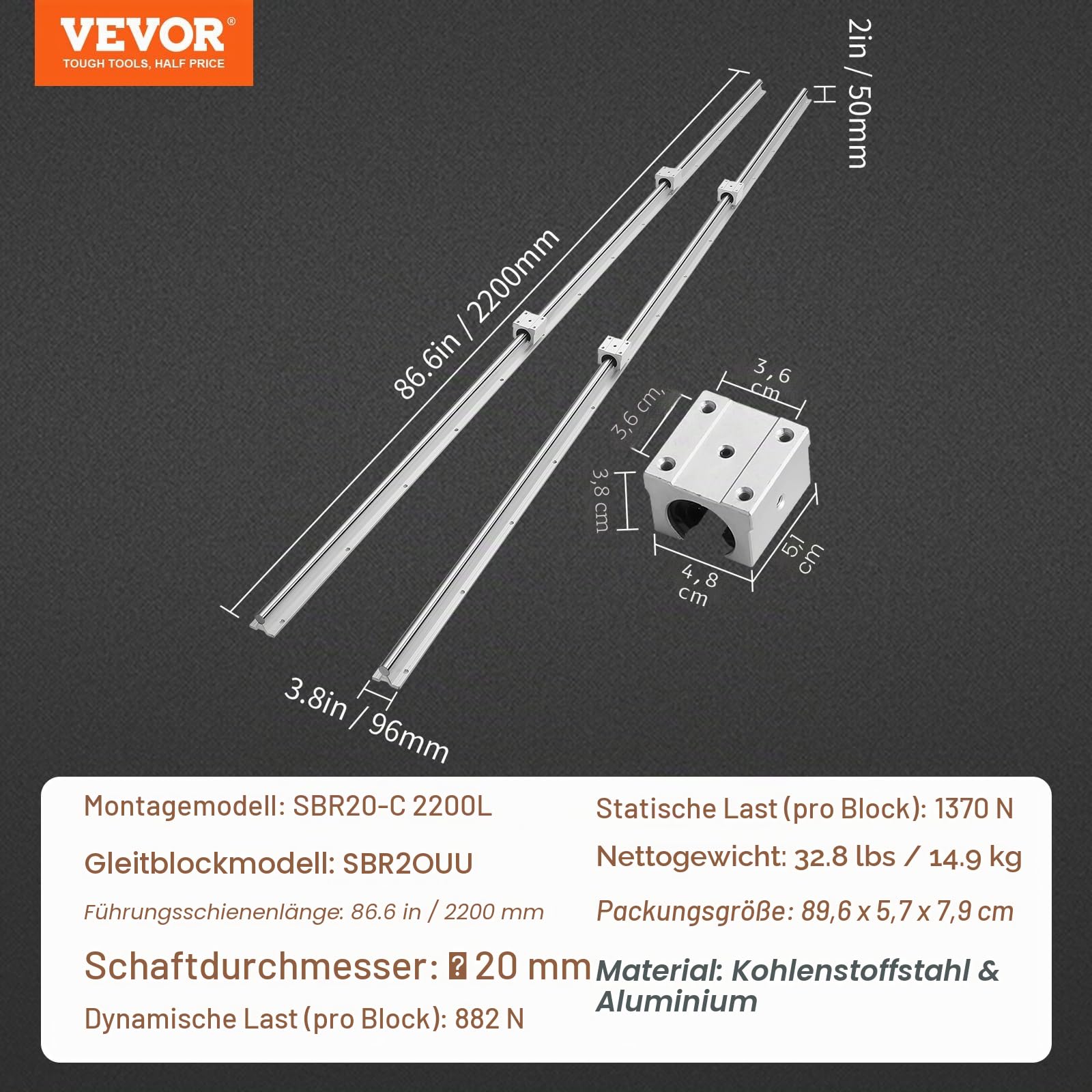 VEVOR Linearführung Linearschiene 2 Stk. SBR20-2200mm Kohlenstoffstahl Aluminium Führungsschiene mit 4 Stk. SBR20UU-Gleitblöcke Linearlager Lagerblock CNC Teile für 3D Drucker Fräs-/Drehmaschine