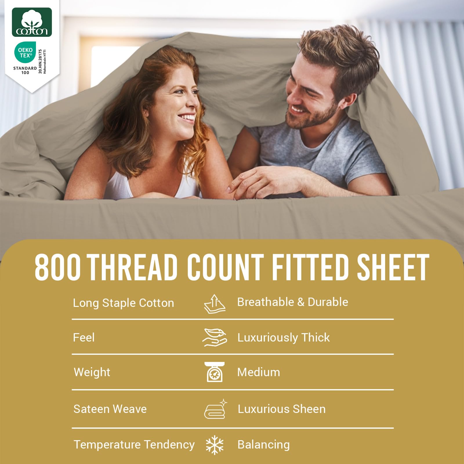 Pizuna Luxury Cotton Fitted Sheets Simply Taupe, 800 Thread Count 100% Long Staple Cotton Emperor Fitted Sheets 200x200cm - Image 3