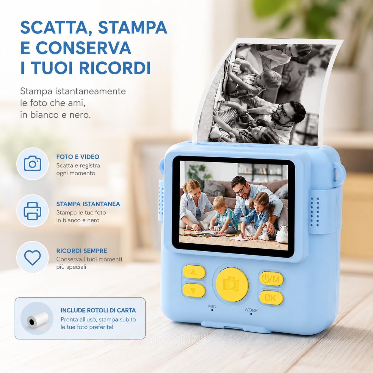 Fotocamera Istantanea Digitale per Bambini con Stampa Termica con 3 ROTOLI piu di 150 Foto, Registra i Video, Modalità MP3, Playback Multimediale e Giochi Integrati (Azzurro)