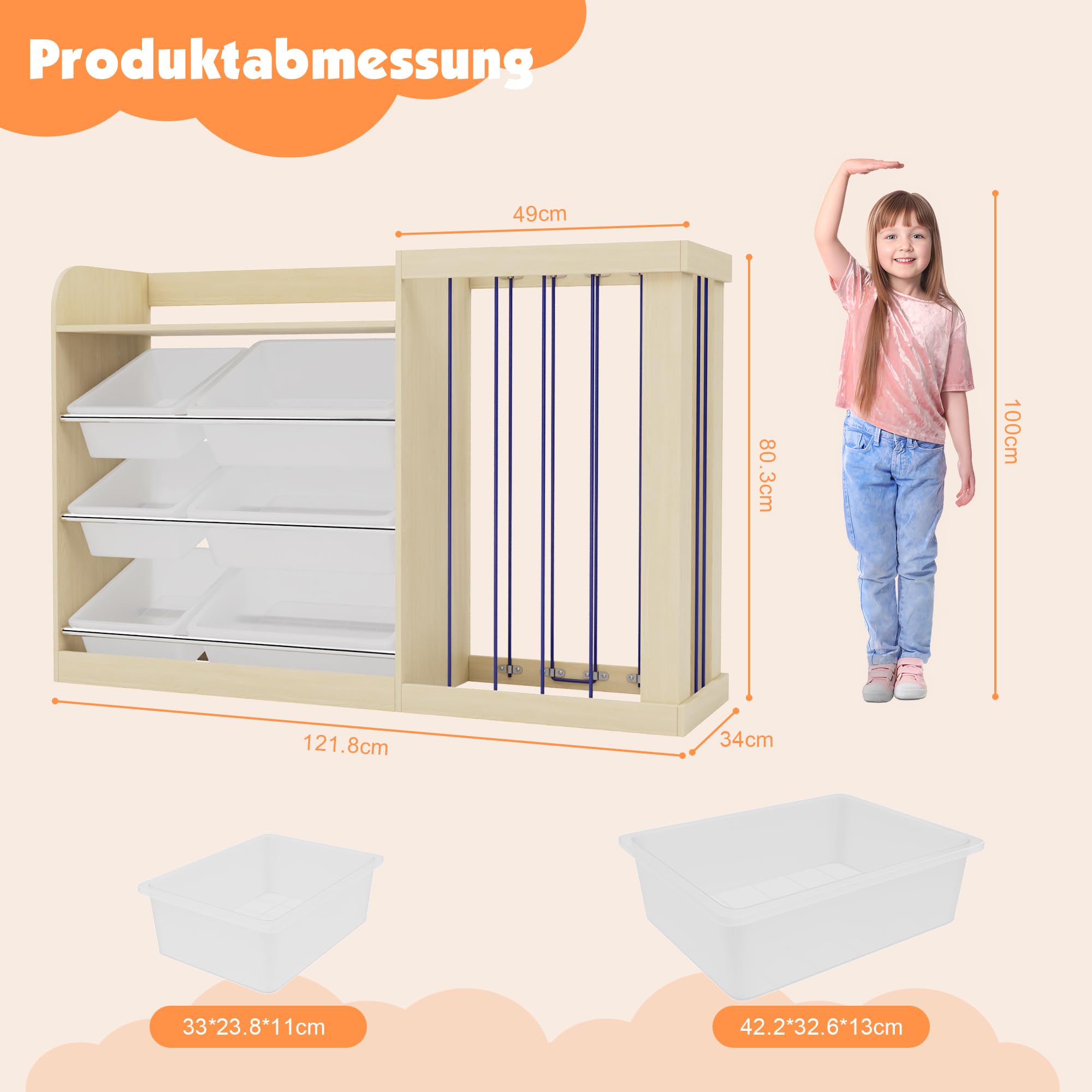 KEEPREAPER 2 in 1 Kinderregal mit 6 Aufbewahungsbox aus Kunststoff und offenem Fach, Spielzeugtruhe aus Holz, Spielzeug Aufbewahrung, Spielzeugregal für Kinderzimmer, 122x34x80cm (Natur)