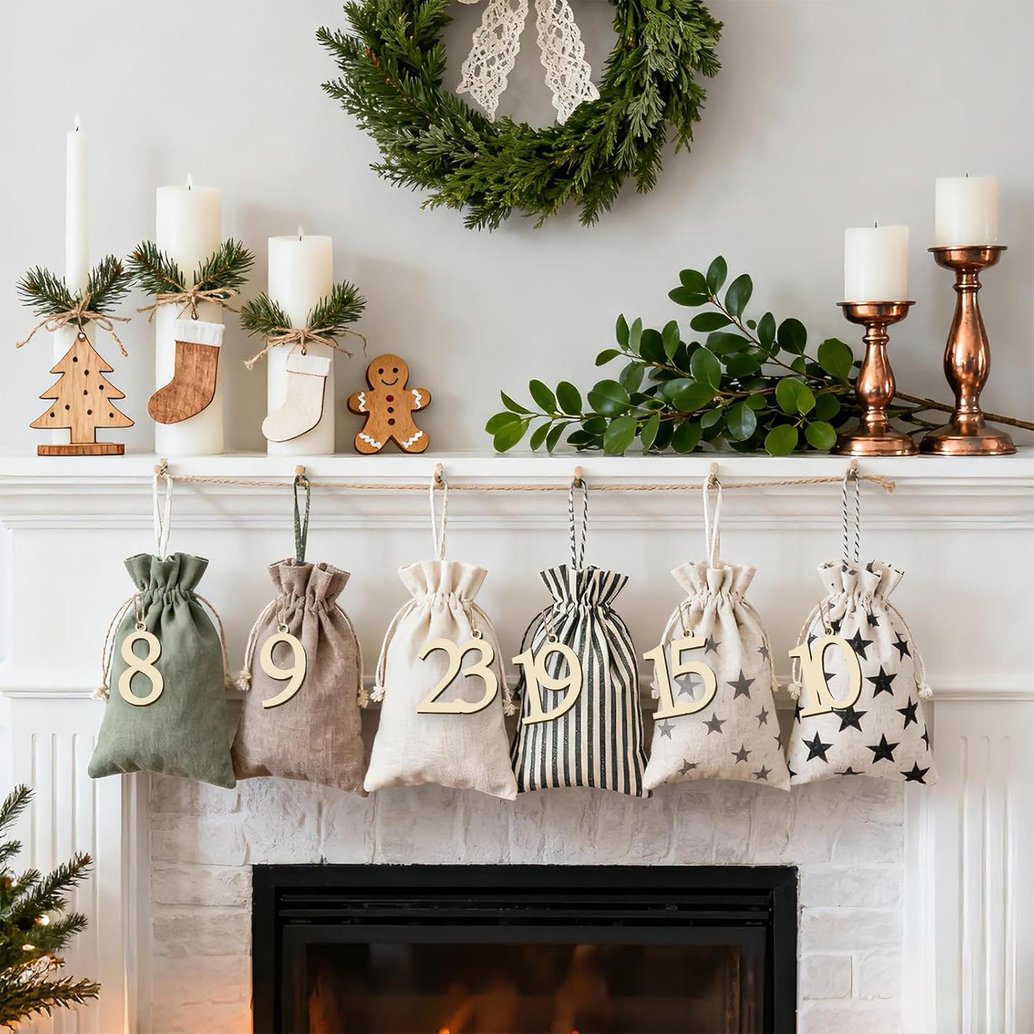 24 Pieces Advent Countdown Calendar Numbers Wooden Christmas Advent Calendar Numbers Tags Wooden Calendar Tags with String for Christmas Calendar
