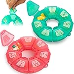 Round Weekly Pill Organizer, Soft-Touch Silicone, Travel Pill Container 7 Day, with 7 Large Compartments, Cute Pill Case with Large Letters and Braille (2 pcs Green Rose)