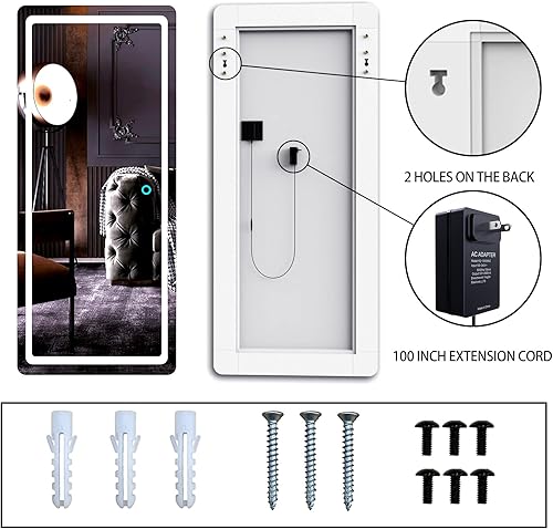 Miniatura 8 de Biyatuos Espejo de pared con luz LED de 40 x 16 pulgadas, espejo de longitud completa con luces, espejo para colgar sobre la puerta, espejo para