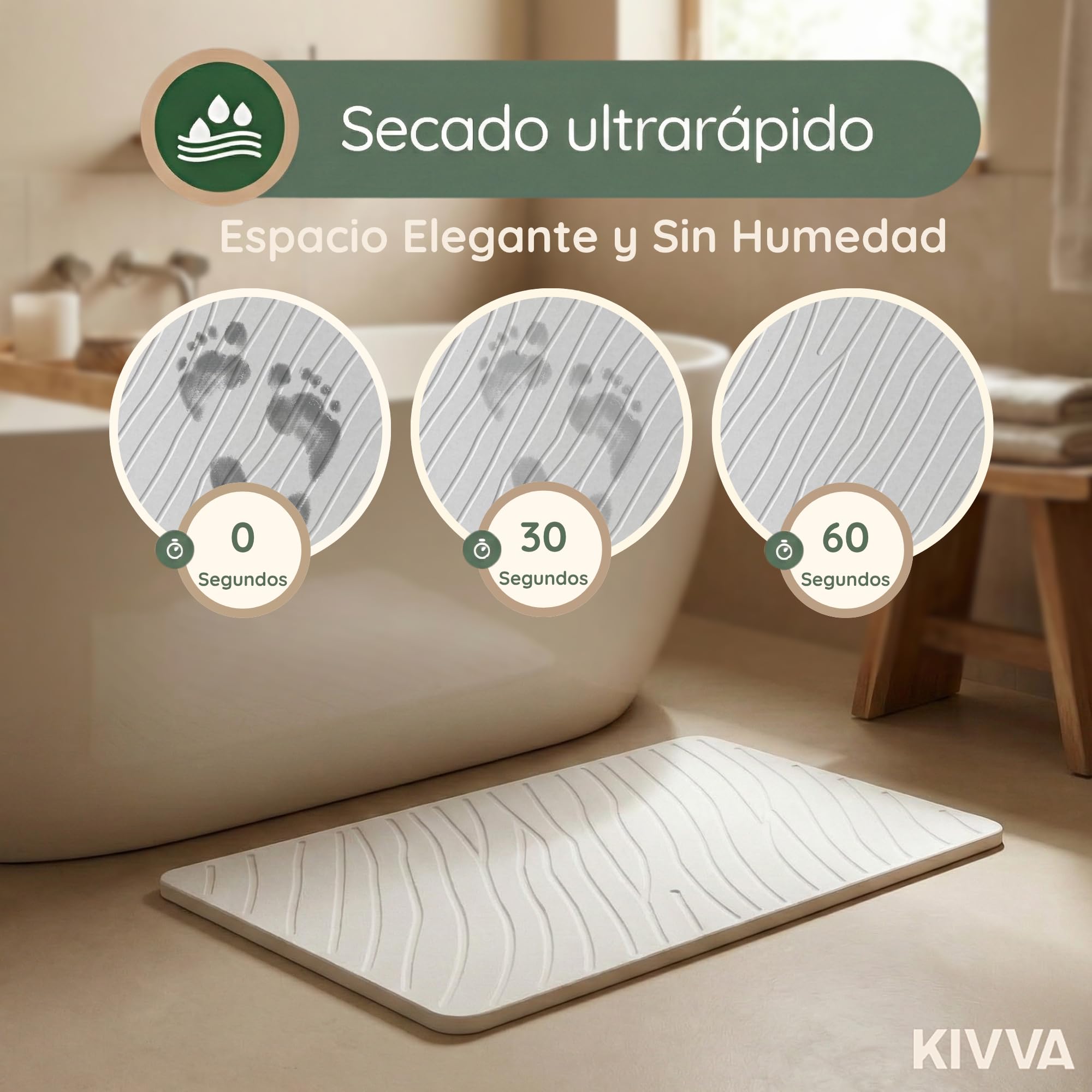 Kivva Alfombrilla Diatomita - Alfombra Baño Diatomita - Alfombra Baño Secado Rapido - Baño Piedra Diatomea - Alfombrilla - Alfombra Antideslizante - 60x40 - ANTIBACTERIANA - Bath Mat