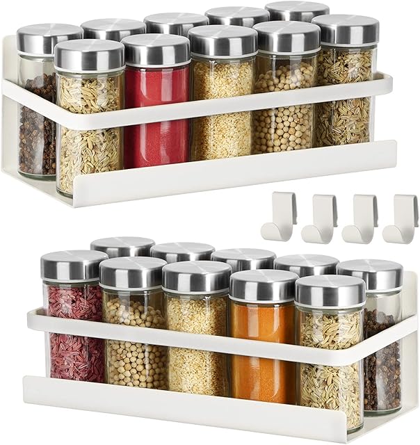 Magnetic Spice Rack 2 Pack Refrigerator Shelf Seasoning Organizer W/ 4 Hooks Metal Storage Rack Fridge Side Wall Mount Spice Stand Jar Holder Utensils Towel Shelves Home Kitchen Organization - White