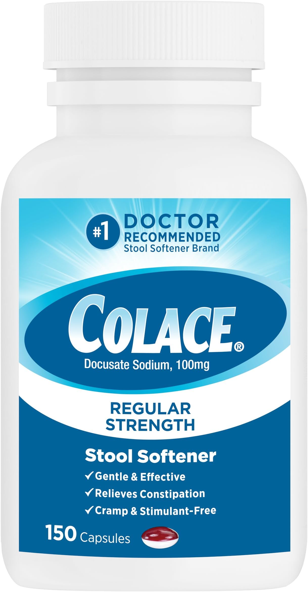 Regular Strength Stool Softener for Gentle Effective Constipation Relief, No. 1 Doctor Recommended Stool Softener Brand, 100 mg Docusate Capsules, 150 Count