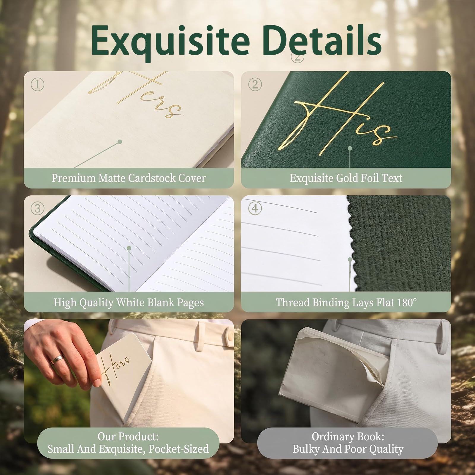 2 Cuadernos de votos de Boda Personalizados | diseñados especialmente para los novios — regalo de matrimonio. Cubiertas en color verde y blanco, 14 páginas por unidad.