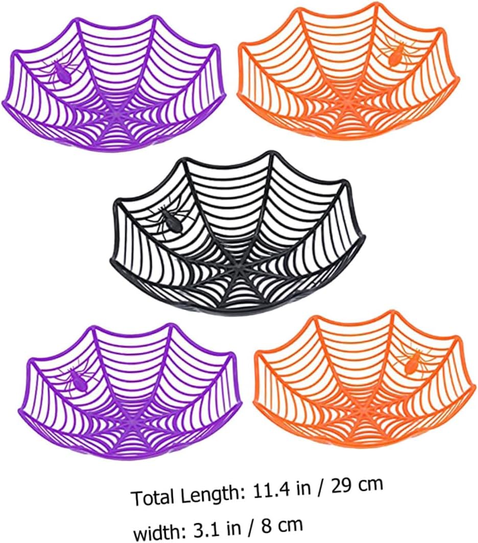 Housoutil Spooky Spider Web Fruit Basket Candy Storage Bowl Halloween Party Decor 5pcs Set Black Orange Purple Plastic Candy Server for Dining and Entertaining