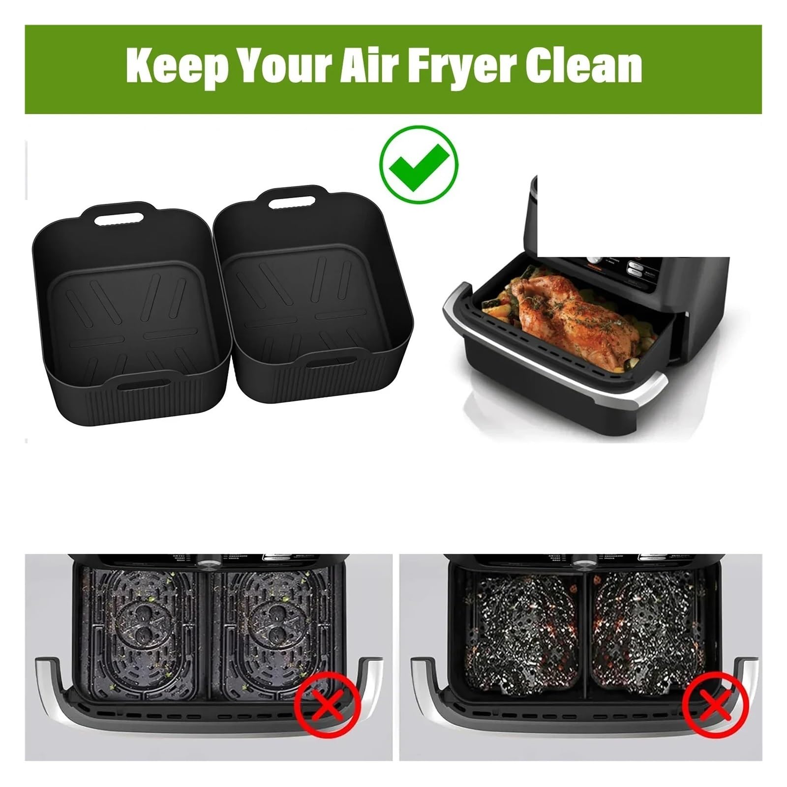 Air Fryer Tablett Silikonform, Kompatibel For Ninja, Af500 Air Fryer Liner Korb Wiederverwendbare Ofen Backblech Antihaft-Pizza-Grill-Pfanne(3 in 1 Grey)
