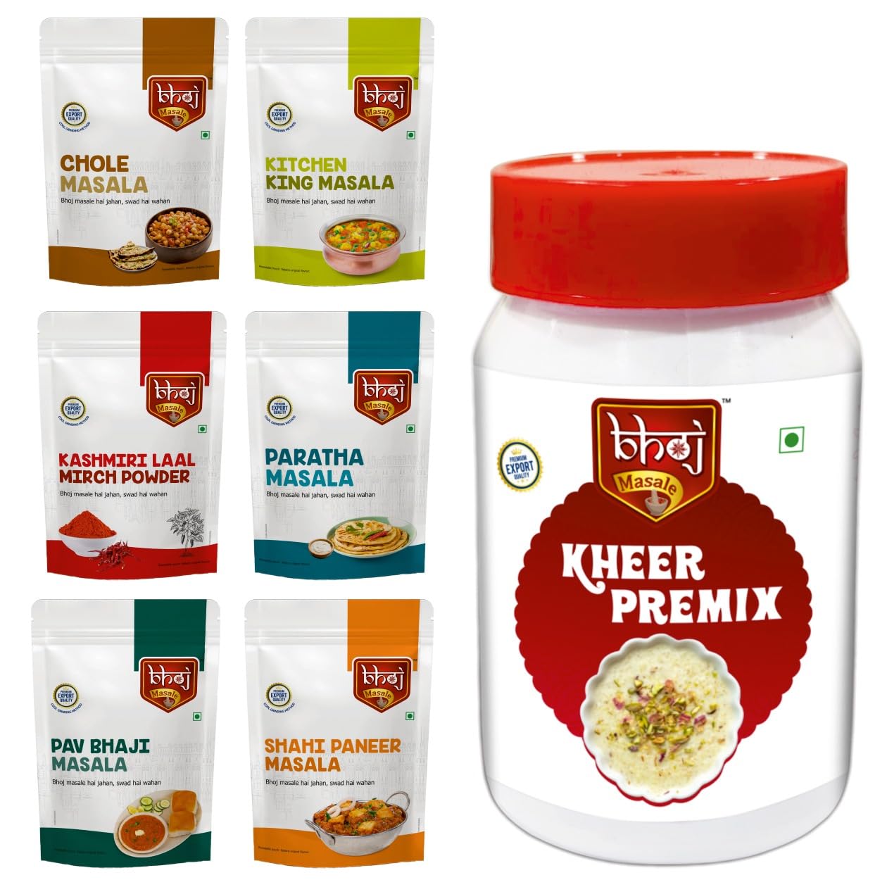 Bhoj Satvik Masala Festival 7 in 1 Combo | 1 Kheer Premix Jar + 6 Masalas Zip lock Pouches |200g Each: Kheer Premix, Shahi Paneer Masala, Kashmiri Laal Mirchi Powder, Kitchen King Masala, Paratha Masala, Pav Bhaji Masala, Chole Masala (All Jain Frien (B0DJ5RPB8C) Amazon Price History, Amazon Price Tracker