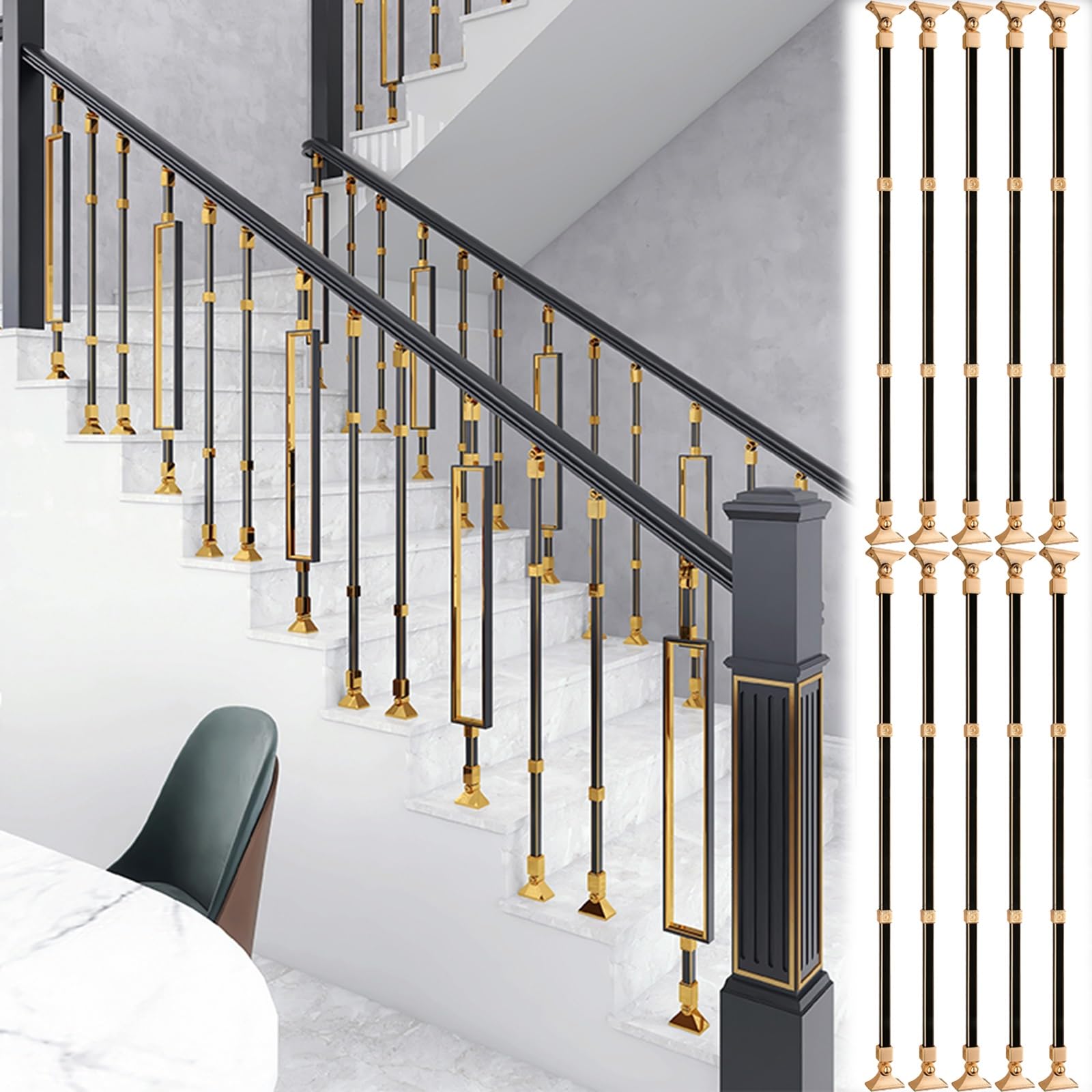 Balustres réglables escalier pour simplifier la pose, barreaux métal noir et or sans découpe d'angle