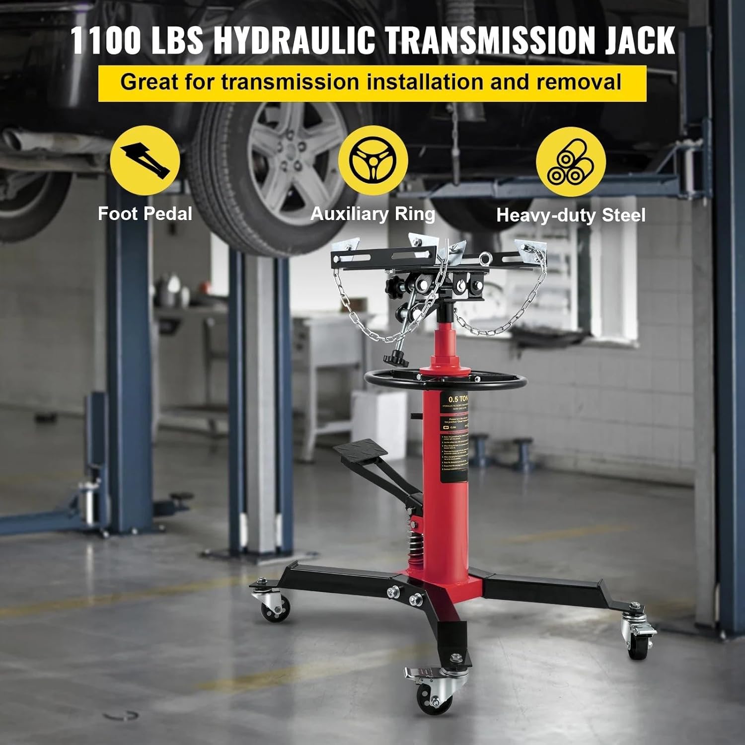 Transmission Jack,1/2Ton/1100lbs Capacity Hydraulic Telescopic Transmission Jack, 2-Stage Floor Jack Stand with Foot Pedal, 360° Swivel Wheel, Garage/Shop Lift Hoist, Red