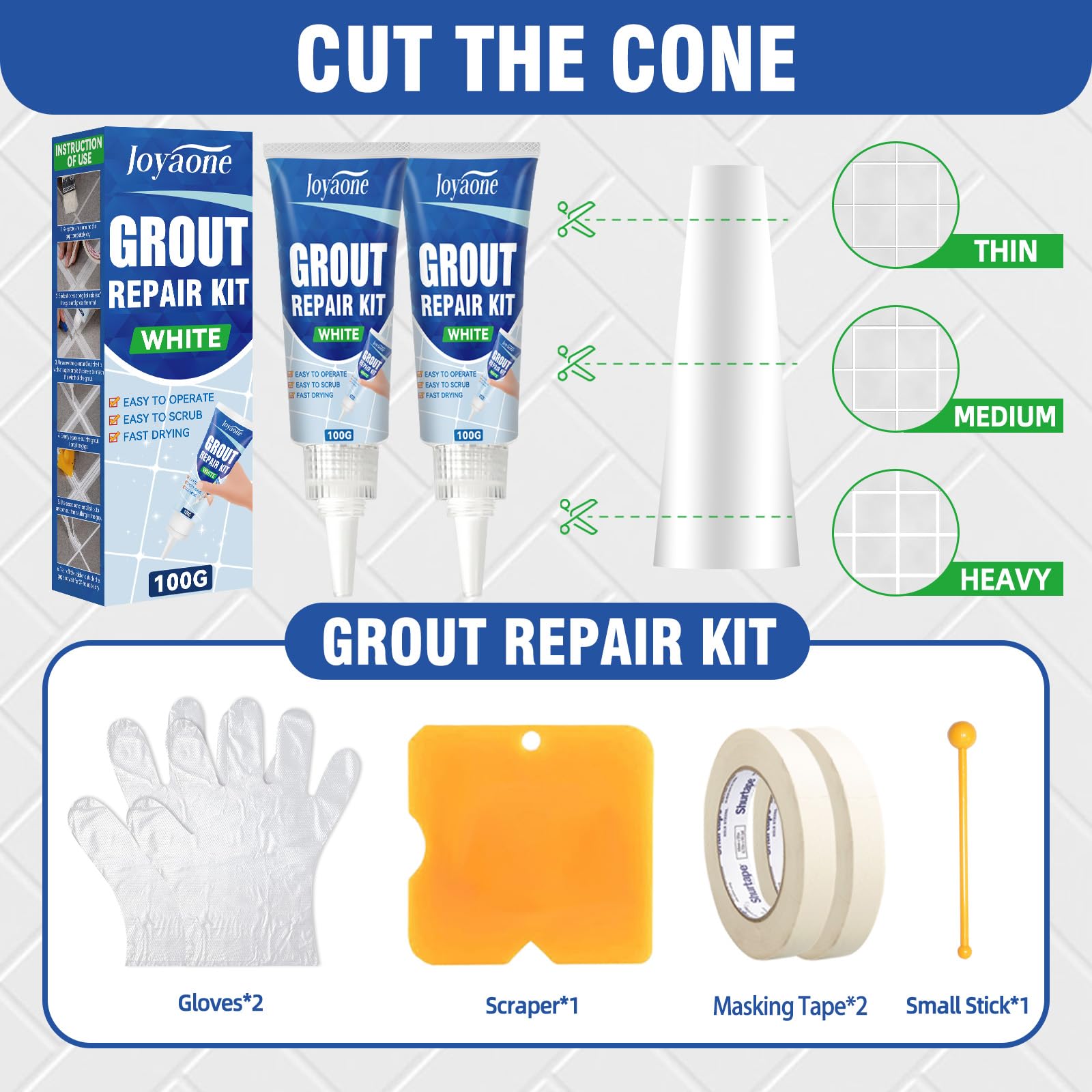 Set di riparazione per piastrelle, penna bianca ad asciugatura rapida, per fughe, per bagno, doccia, pavimenti e pareti (Bianco 100g*2)